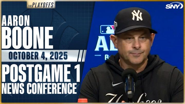 Aaron Boone at Yankees postgame Game 1 news conference on October 4, 2025 during the playoffs.