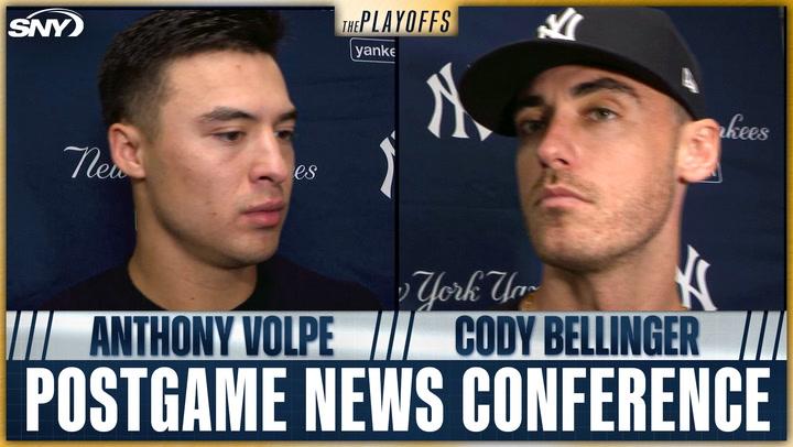 Anthony Volpe and Cody Bellinger at Yankees postgame news conference during the playoffs.