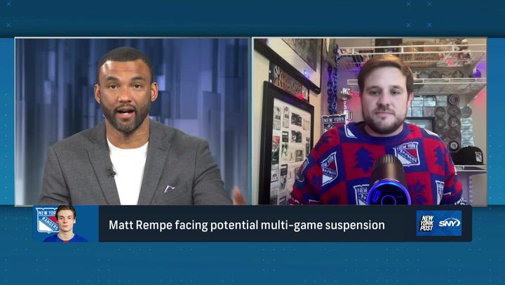 Split-screen discussion on Rangers' win, previewing Sunday’s Rangers-Hurricanes, and Matt Rempe's suspension.