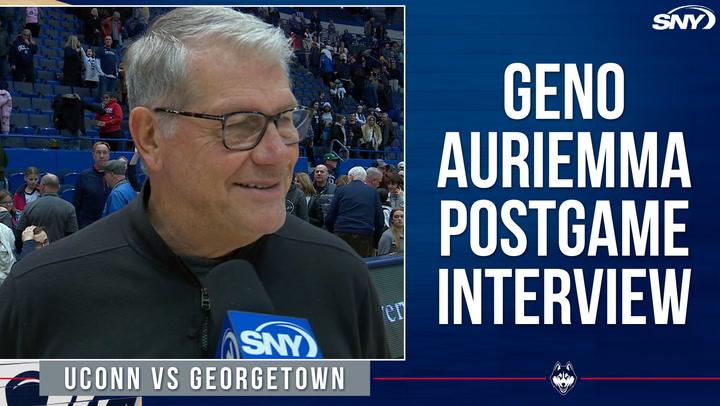 Coach Geno Auriemma discusses UConn's defensive win over Georgetown and bench impact.