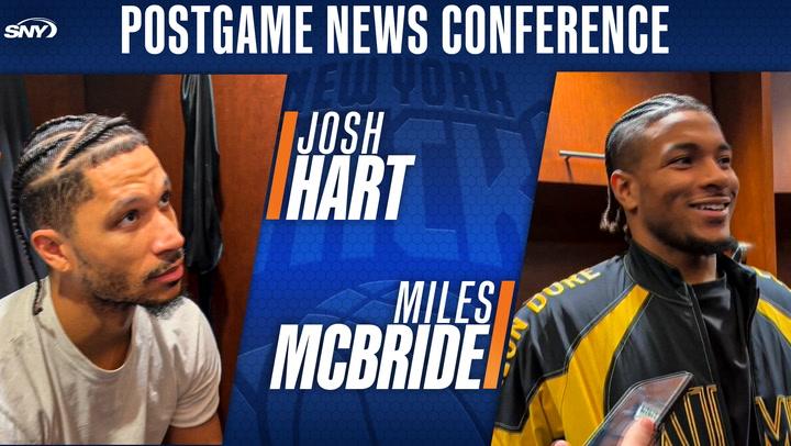 Josh Hart and Miles McBride at New York Knicks postgame news conference.