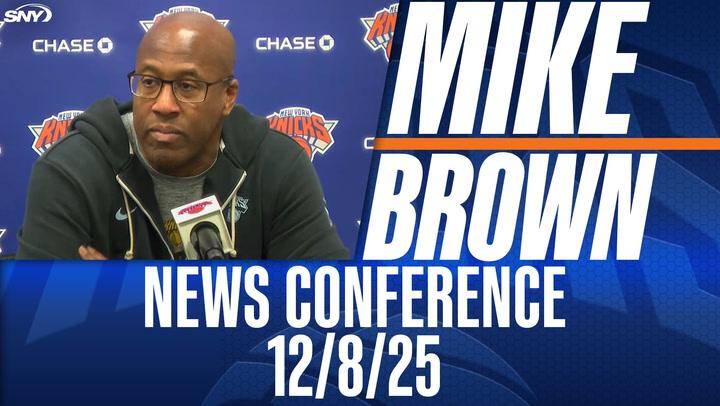 Mike Brown speaks at a Knicks postgame news conference on 12/8/25.