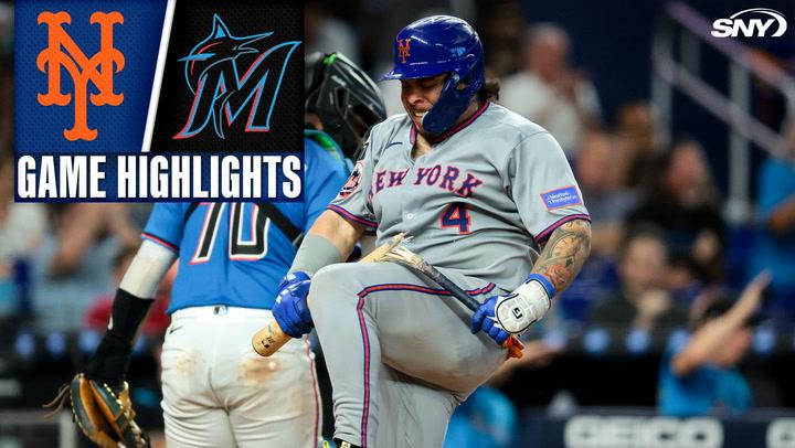 New York Mets vs Marlins game highlights with a Mets player celebrating and Marlins players in the background.