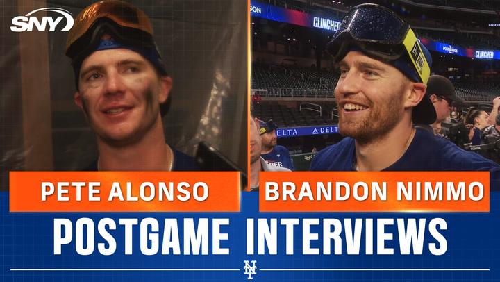 Pete Alonso and Brandon Nimmo celebrate the Mets clinching a 2024 playoff spot