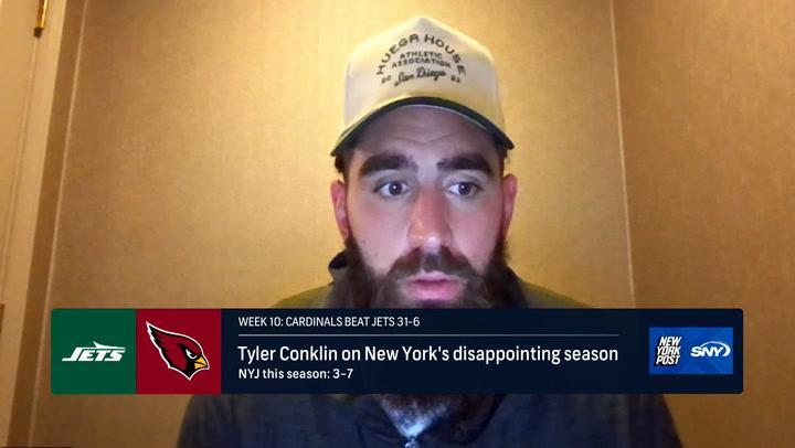 Tyler Conklin addresses media on Jets' struggles and 31-6 loss to Cardinals in 2024 season.