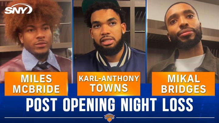 Miles McBride, Karl-Anthony Towns, and Mikal Bridges discuss Knicks' tough loss to Celtics.