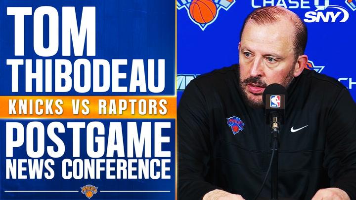 Tom Thibodeau at postgame conference after Knicks' 113-108 win over Toronto, praising teamwork.