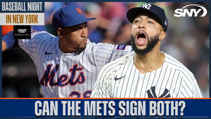 Mets and Yankees players with text asking "Can the Mets sign both?" during Baseball Night in New York on SNY.