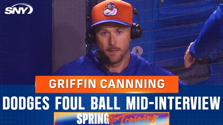 Mets' pitcher Griffin Canning dodges foul ball during in-game interview