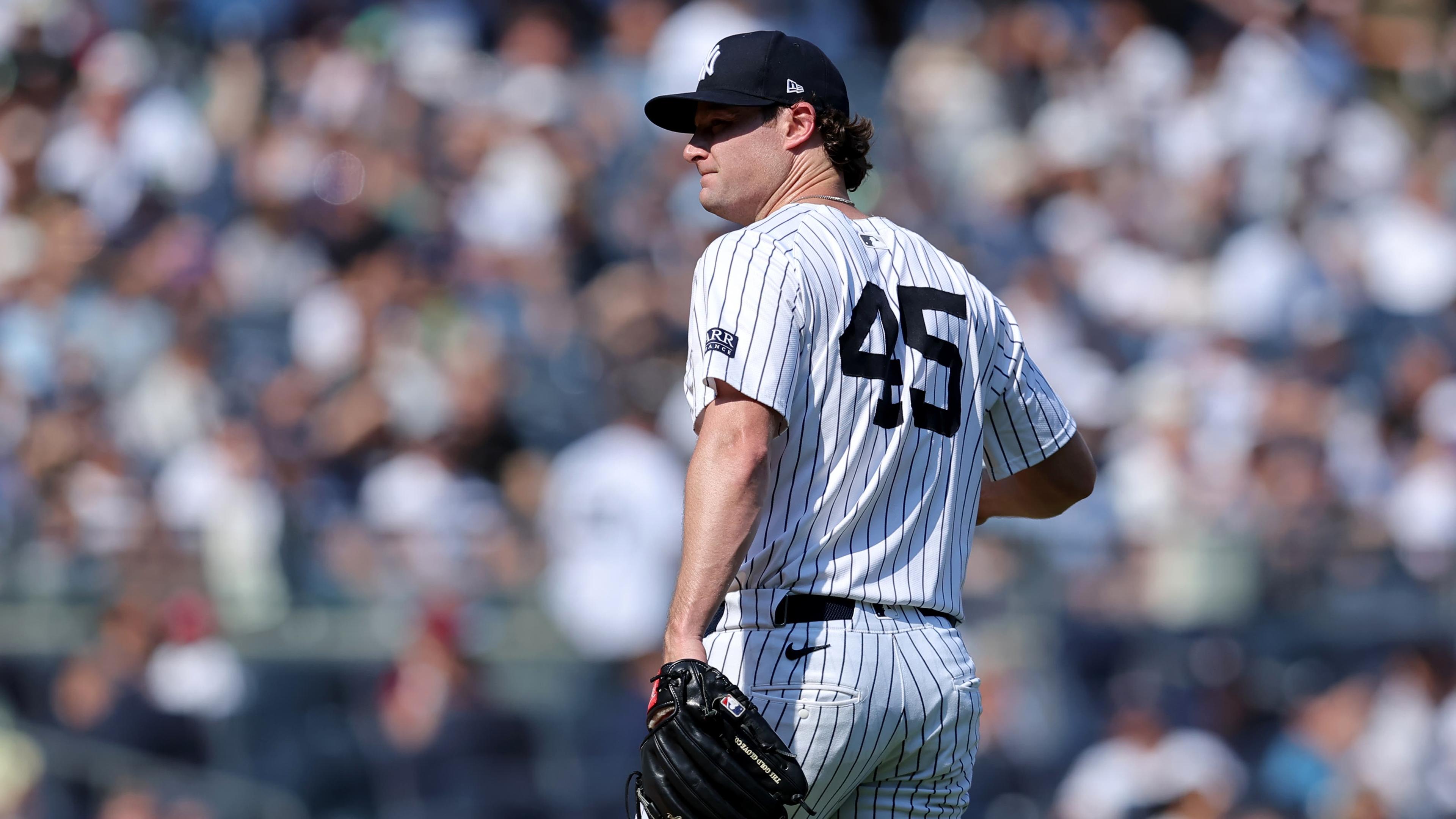 New York Yankees starting pitcher Gerrit Cole (45) reacts during the fifth inning against the Boston Red Sox at Yankee Stadium. 