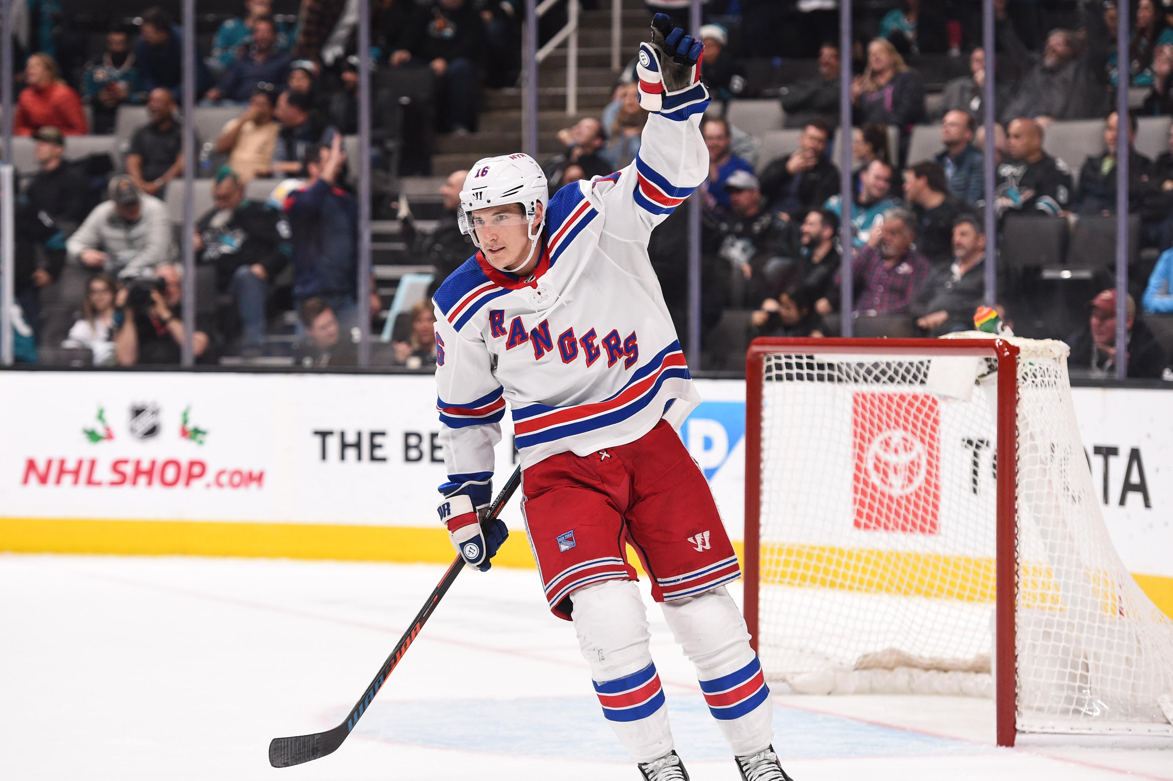 Dec 12, 2019; San Jose, CA, USA; New York Rangers center Ryan Strome (16) celebrates after his teammate left wing Artemi Panarin (10), not pictured, scored his side's sixth goal during the third period at SAP Center in San Jose. Mandatory Credit: Cody Glenn-USA TODAY Sports