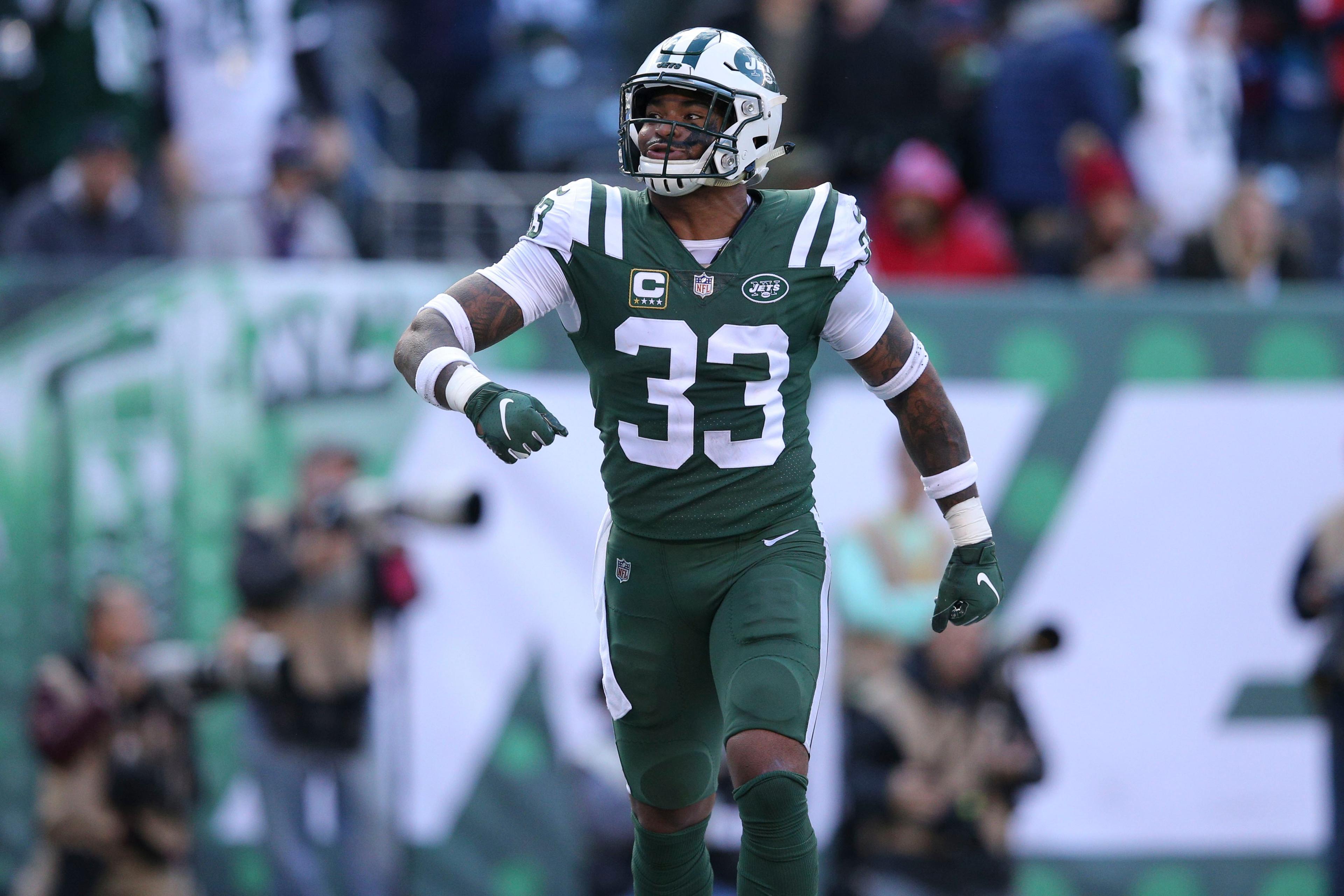 Nov 25, 2018; East Rutherford, NJ, USA; New York Jets safety Jamal Adams (33) reacts after breaking up a pass intended for New England Patriots tight end Rob Gronkowski (not pictured) in the end zone during the second quarter at MetLife Stadium. Mandatory Credit: Brad Penner-USA TODAY Sports