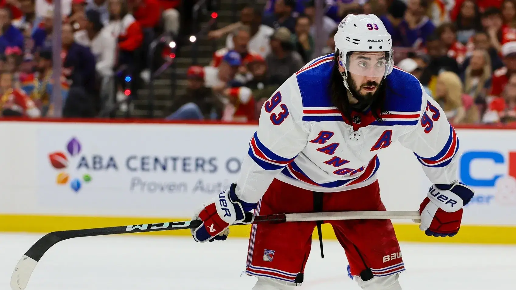 New York Rangers center Mika Zibanejad (93) looks on against the Florida Panthers during the second period in game three of the Eastern Conference Final of the 2024 Stanley Cup Playoffs at Amerant Bank Arena. / Sam Navarro-USA TODAY Sports