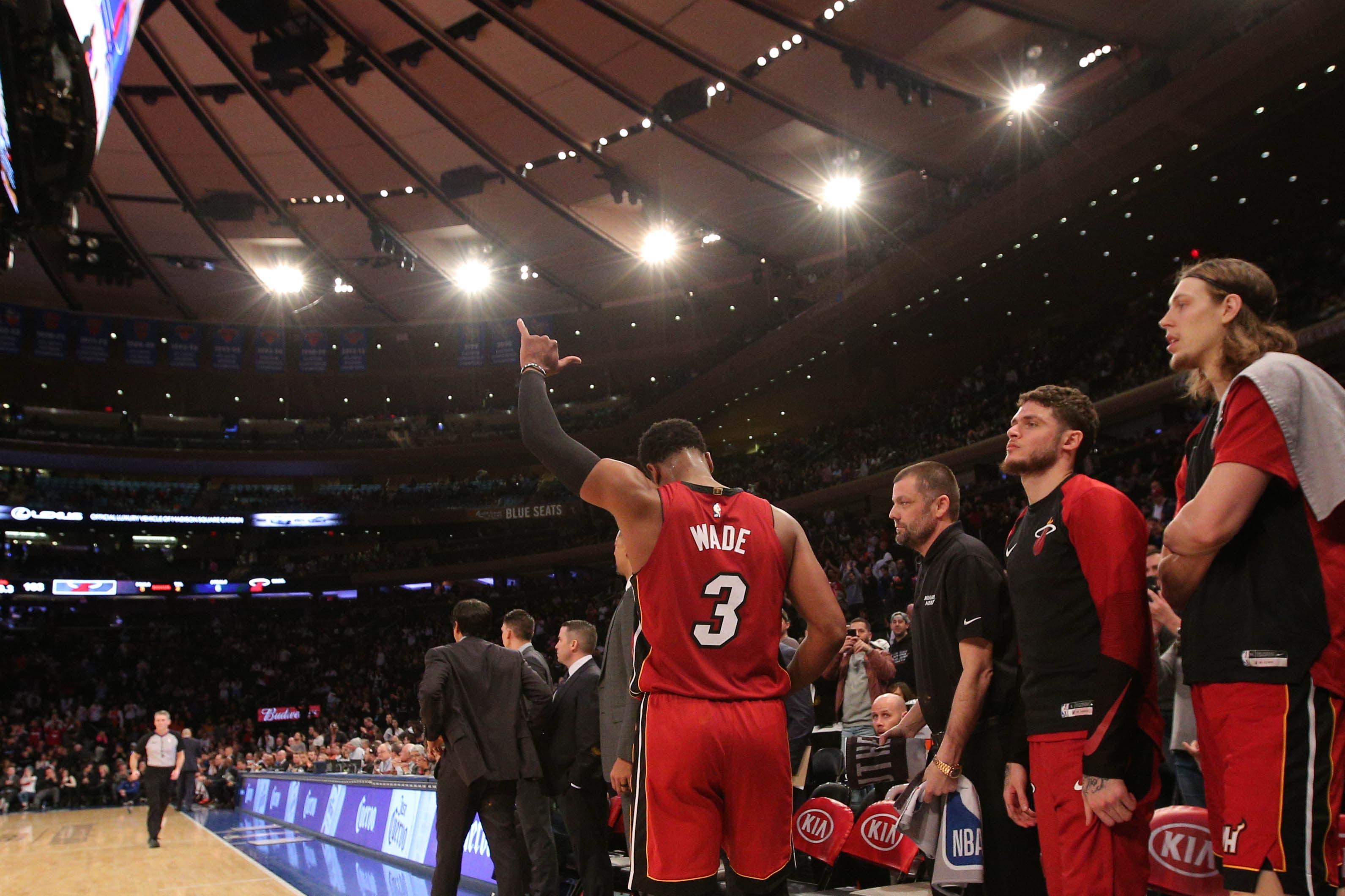 Jan 27, 2019; New York, NY, USA; Miami Heat guard Dwayne Wade (3) reacts to fans chanting "let's go Heat" during the fourth quarter against the New York Knicks at Madison Square Garden. Mandatory Credit: Brad Penner-USA TODAY Sports / Brad Penner