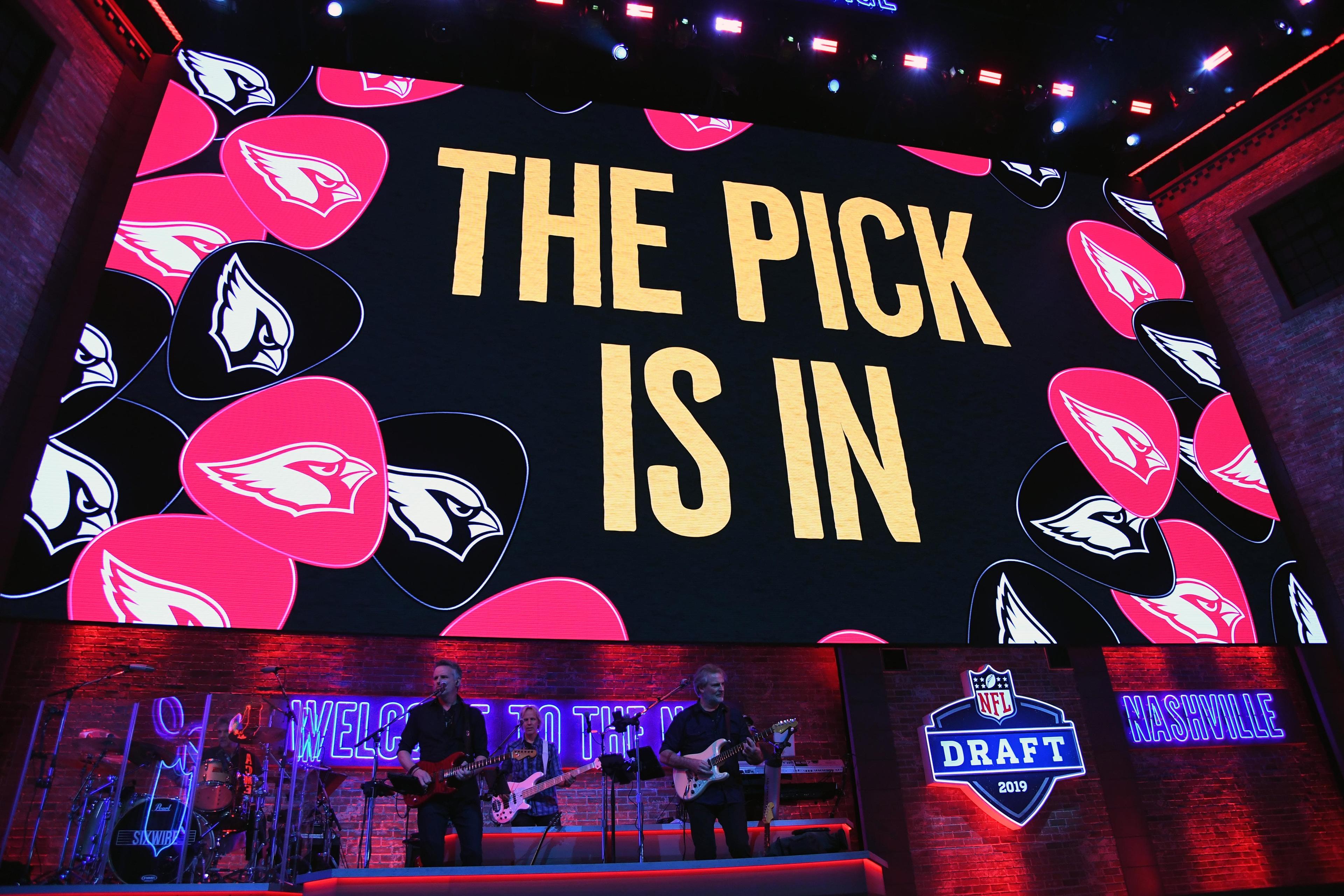 Apr 25, 2019; Nashville, TN, USA; "The Pick Is In| graphic in the first round of the 2019 NFL Draft in Downtown Nashville. Mandatory Credit: Christopher Hanewinckel-USA TODAY Sports / Christopher Hanewinckel