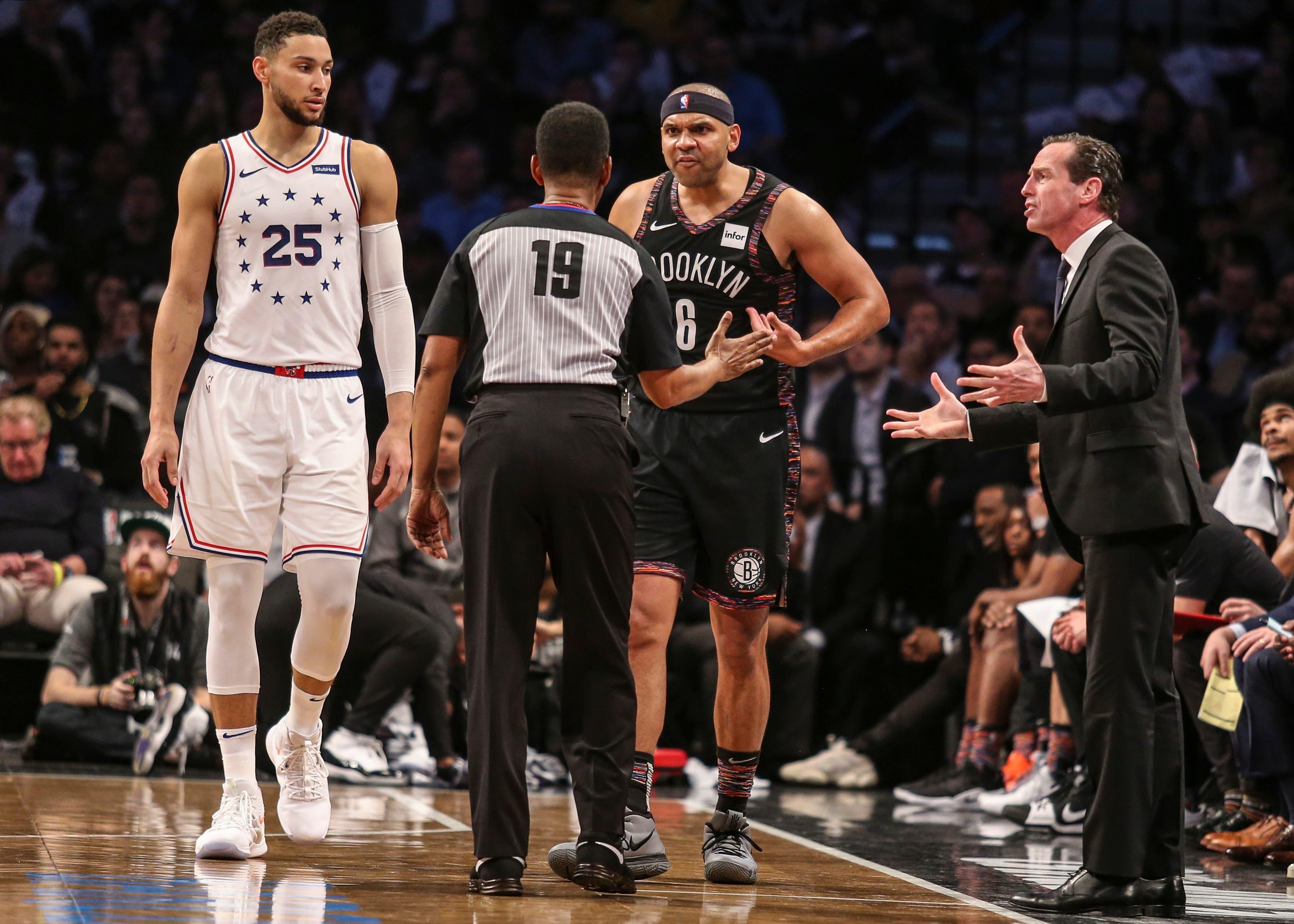 Apr 18, 2019; Brooklyn, NY, USA; Brooklyn Nets forward Jared Dudley (6) and head coach Kenny Atkinson argue with official James Capers (19) in the third quarter in game three of the first round of the 2019 NBA Playoffs at Barclays Center. Mandatory Credit: Wendell Cruz-USA TODAY Sports / Wendell Cruz