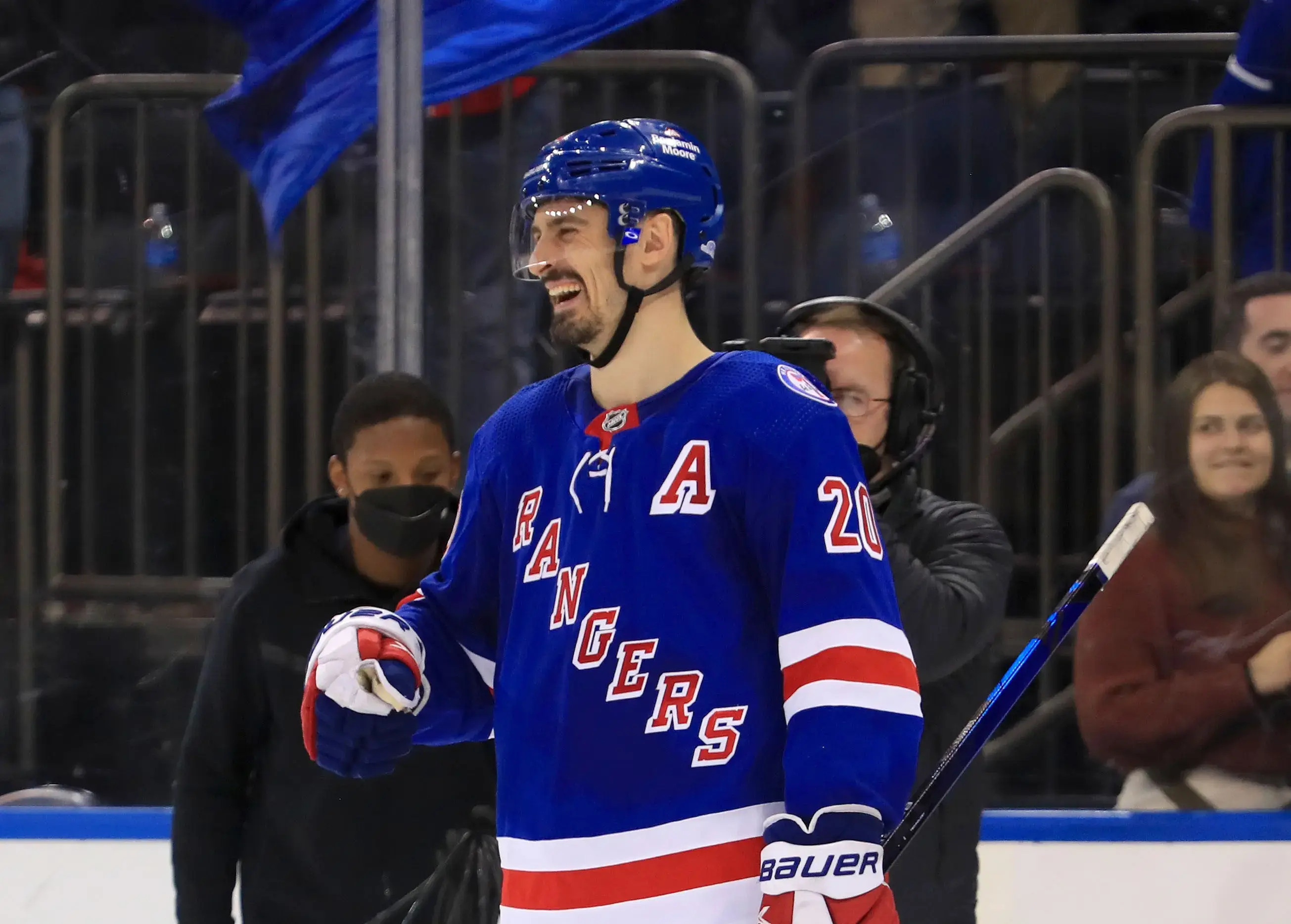 Jan 22, 2022; New York, New York, USA; New York Rangers left wing Chris Kreider (20) celebrates after defeating the Arizona Coyotes at Madison Square Garden. / Danny Wild-USA TODAY Sports