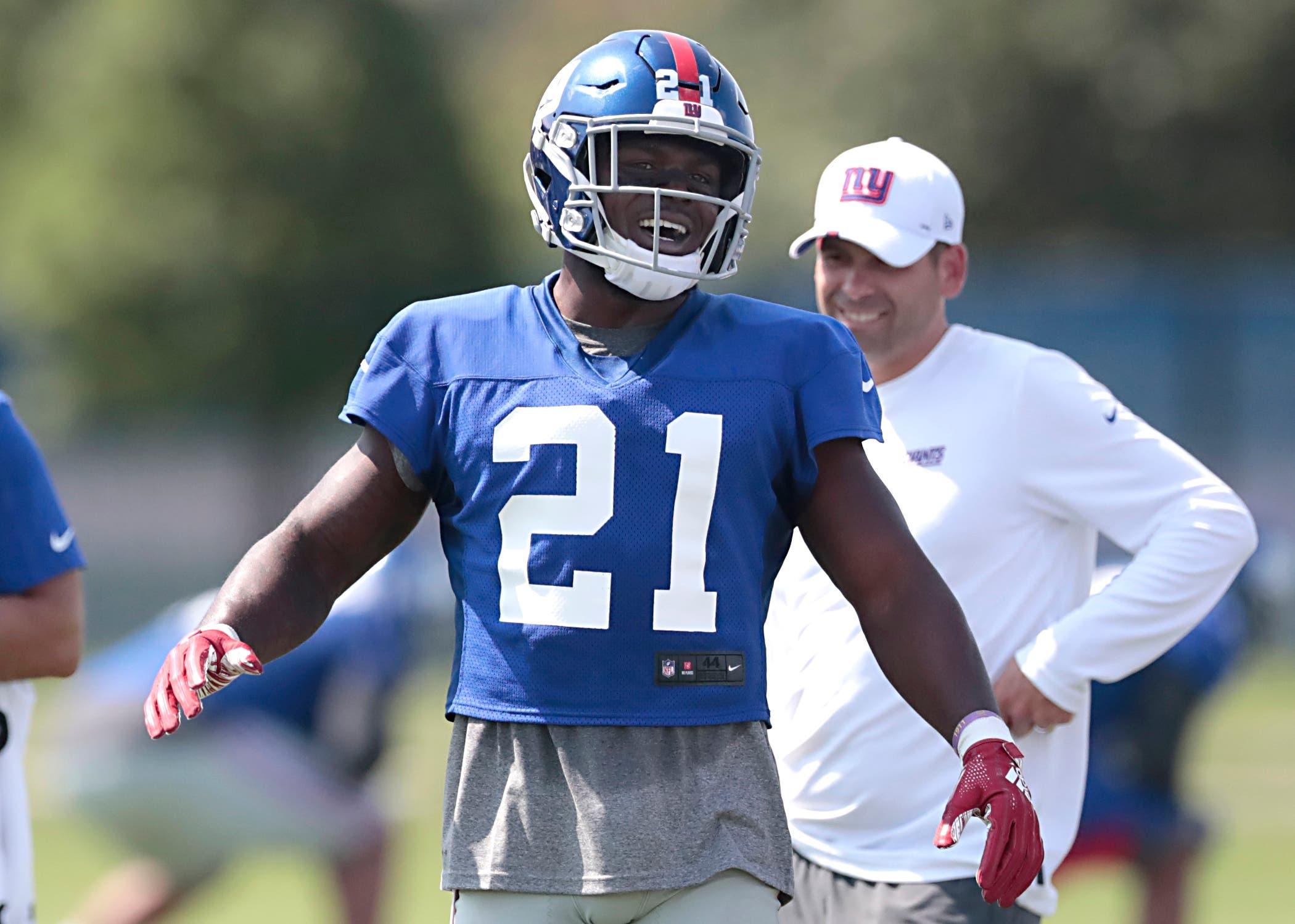 Jul 25, 2019; East Rutherford, NJ, USA; New York Giants free safety Jabrill Peppers (21) reacts during the first day of training camp at Quest Diagnostics Training Center. Mandatory Credit: Vincent Carchietta-USA TODAY Sports / Vincent Carchietta