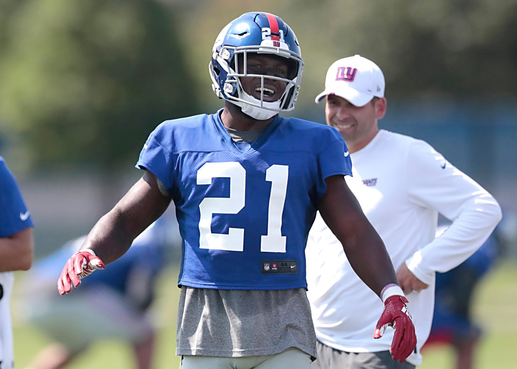 Jul 25, 2019; East Rutherford, NJ, USA; New York Giants free safety Jabrill Peppers (21) reacts during the first day of training camp at Quest Diagnostics Training Center. Mandatory Credit: Vincent Carchietta-USA TODAY Sports