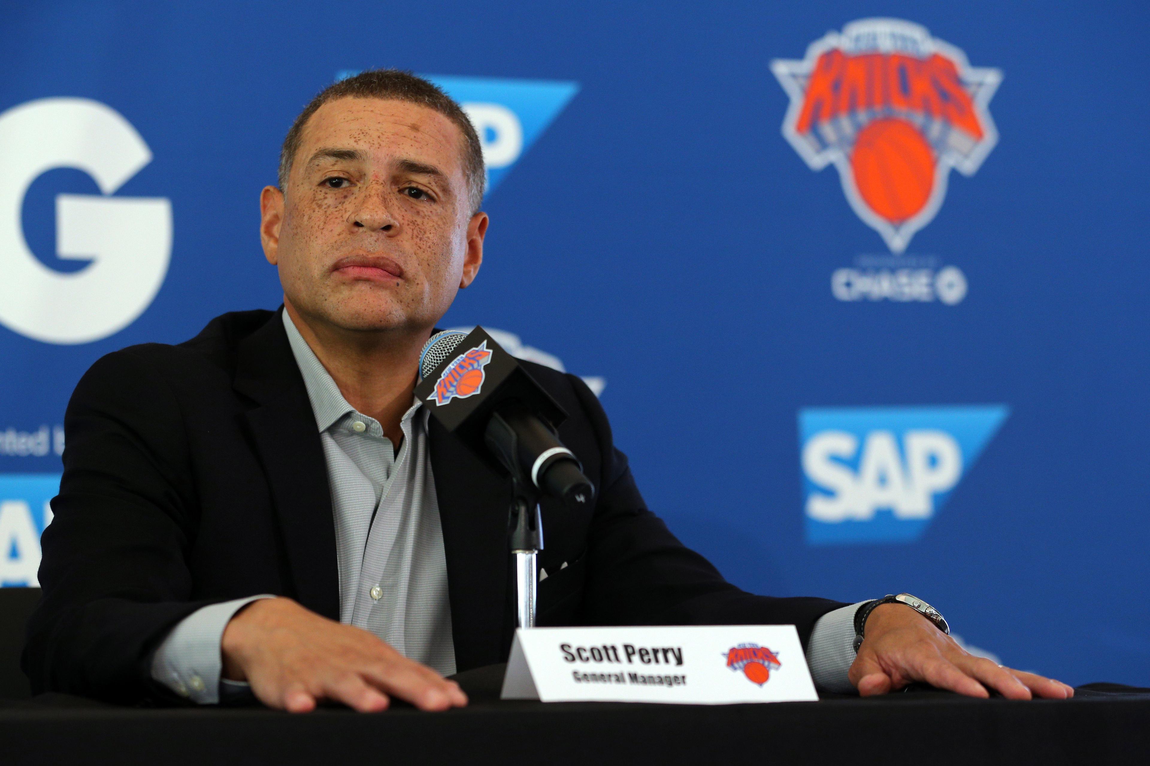 Sep 25, 2017; Greenburgh, NY, USA; New York Knicks general manager Scott Perry speaks to the media on media day at MSG Training Center. Mandatory Credit: Brad Penner-USA TODAY Sports