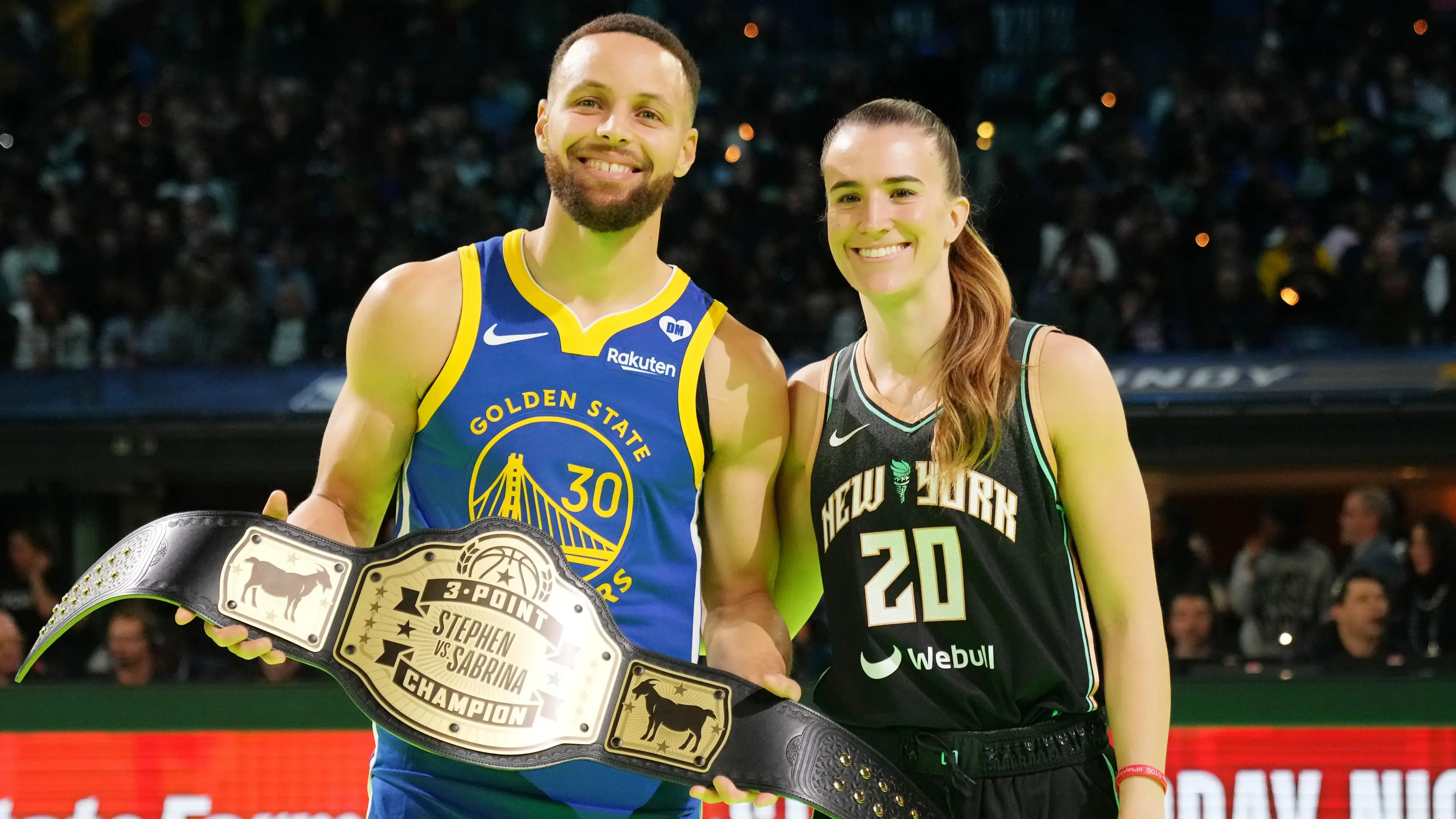 Golden State Warriors guard Stephen Curry (30) and New York Liberty guard Sabrina Ionescu (20) after the Stephen vs Sebrina three-point challenge during NBA All Star Saturday Night at Lucas Oil Stadium / Kyle Terada - USA TODAY Sports