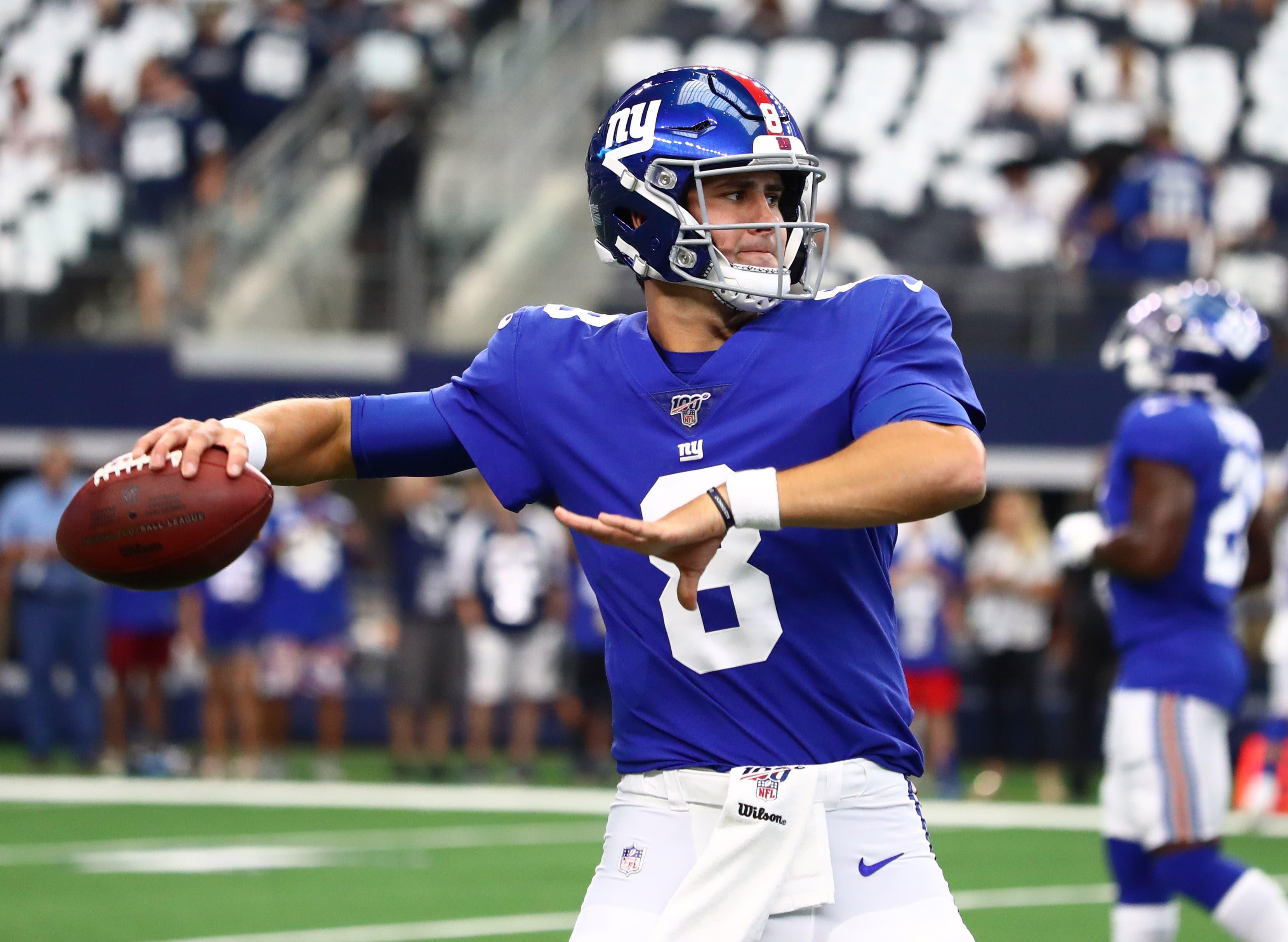 Sep 8, 2019; Arlington, TX, USA; New York Giants quarterback Daniel Jones (8) throws prior to the game against the Dallas Cowboys at AT&T Stadium. Mandatory Credit: Matthew Emmons-USA TODAY Sportsundefined