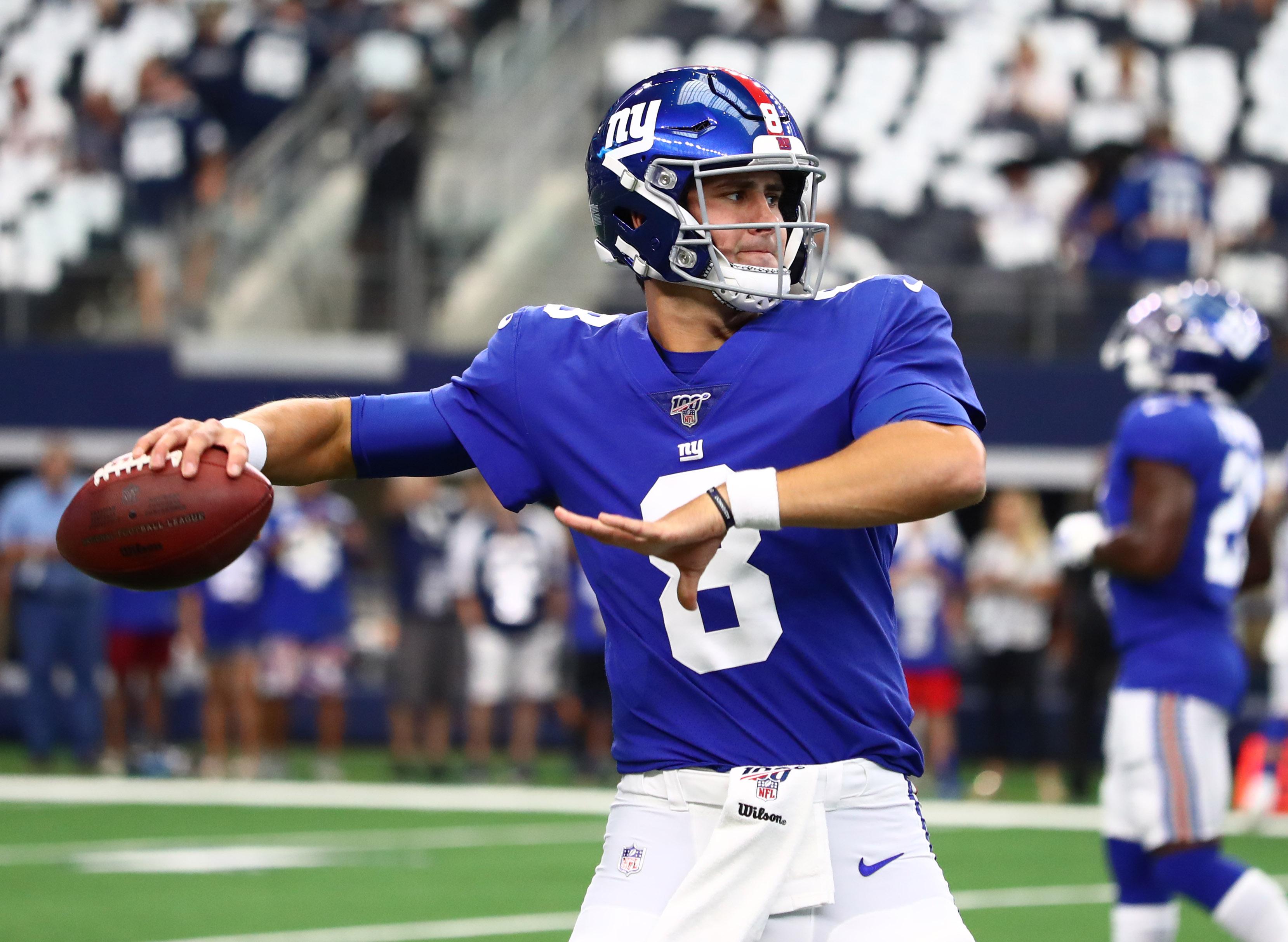 Sep 8, 2019; Arlington, TX, USA; New York Giants quarterback Daniel Jones (8) throws prior to the game against the Dallas Cowboys at AT&T Stadium. Mandatory Credit: Matthew Emmons-USA TODAY Sports