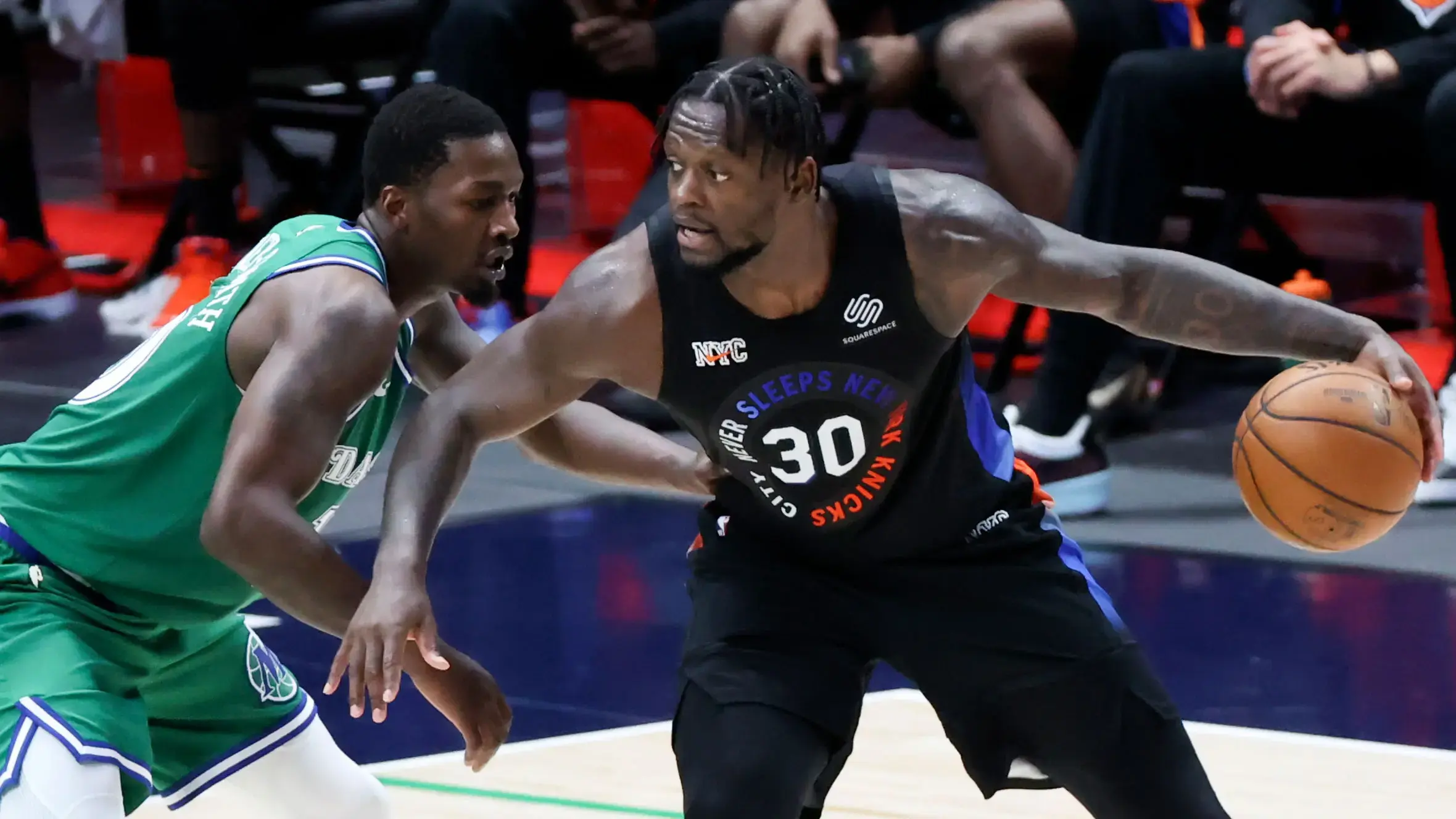 Apr 16, 2021; Dallas, Texas, USA; New York Knicks forward Julius Randle (30) dribbles as Dallas Mavericks forward Dorian Finney-Smith (10) defends during the second quarter at American Airlines Center. / Kevin Jairaj-USA TODAY Sports