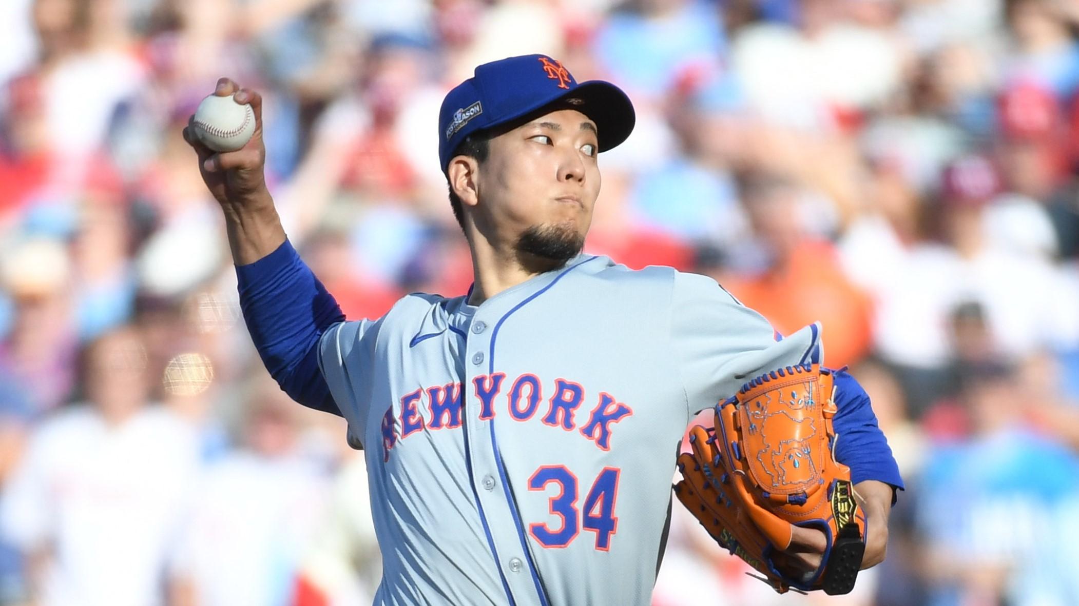 Oct 5, 2024; Philadelphia, PA, USA; New York Mets pitcher Kodai Senga (34) throws a pitch against the Philadelphia Phillies in the first inning in game one of the NLDS for the 2024 MLB Playoffs at Citizens Bank Park. Mandatory Credit: Eric Hartline-Imagn Images