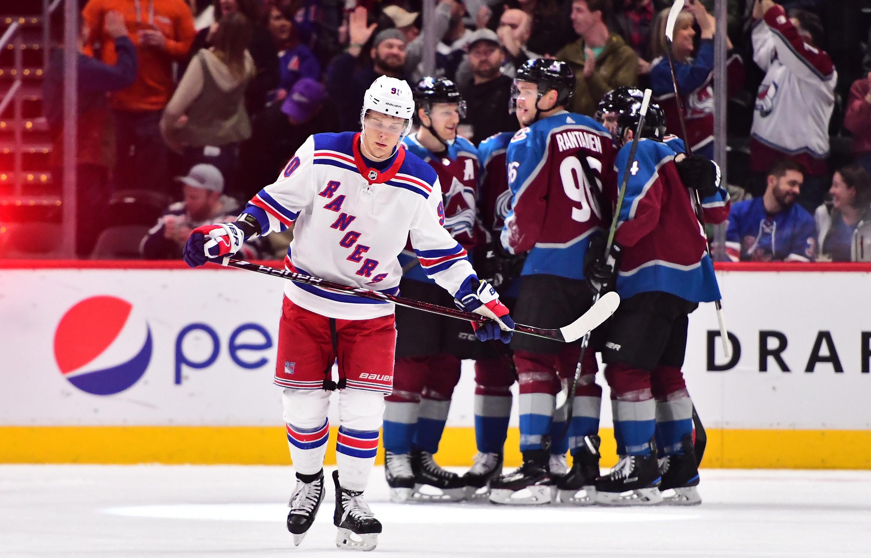 Jan 4, 2019; Denver, CO, USA; New York Rangers center Vladislav Namestnikov (90) reacts after the second goal of the game is given up to the Colorado Avalanche during the first period at the Pepsi Center. Mandatory Credit: Ron Chenoy-USA TODAY Sports