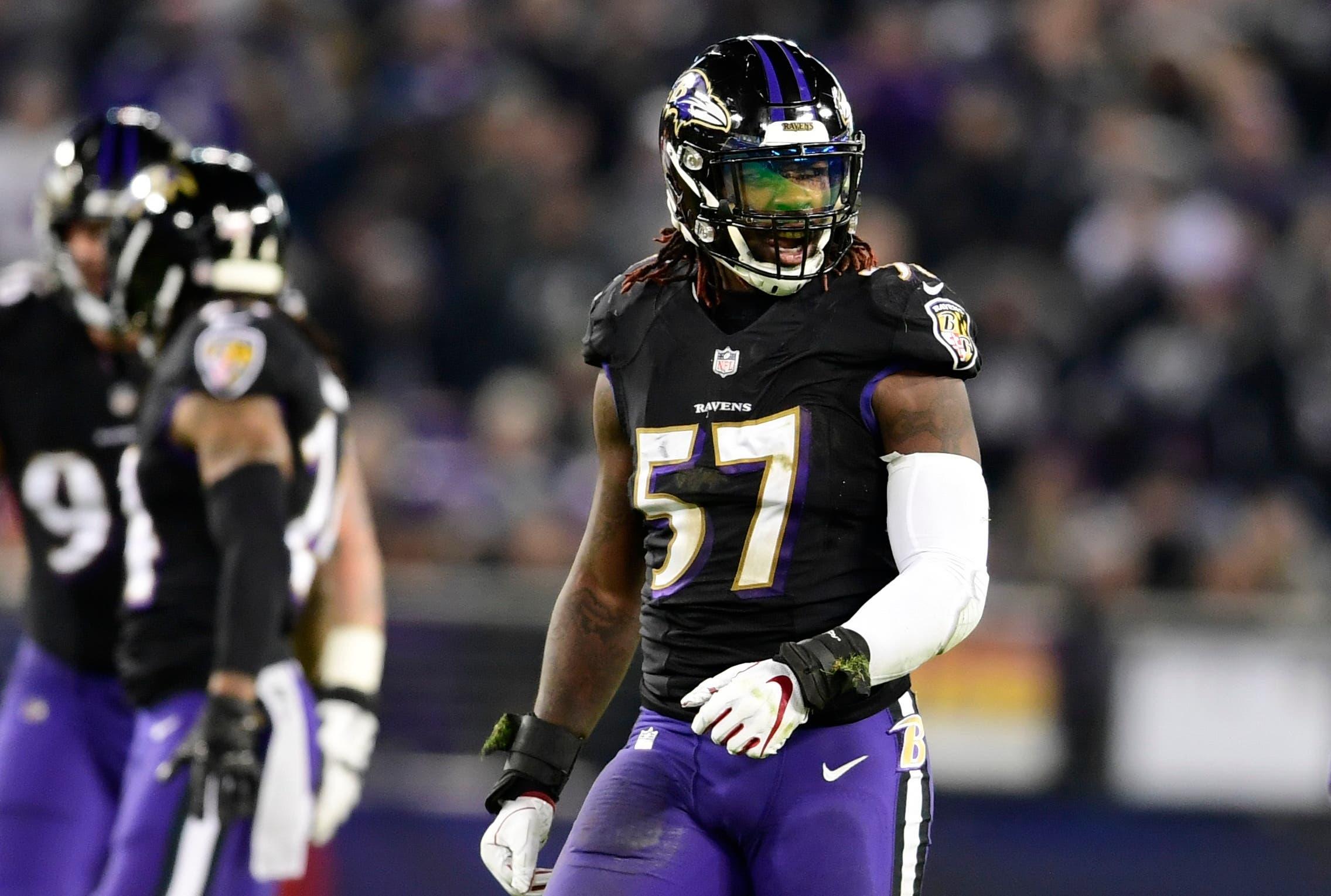 Dec 30, 2018; Baltimore, MD, USA; Baltimore Ravens inside linebacker C.J. Mosley (57) reacts after sacking Cleveland Browns quarterback Baker Mayfield (not pictured) during the second half at M&T Bank Stadium. Mandatory Credit: Tommy Gilligan-USA TODAY Sports / Tommy Gilligan