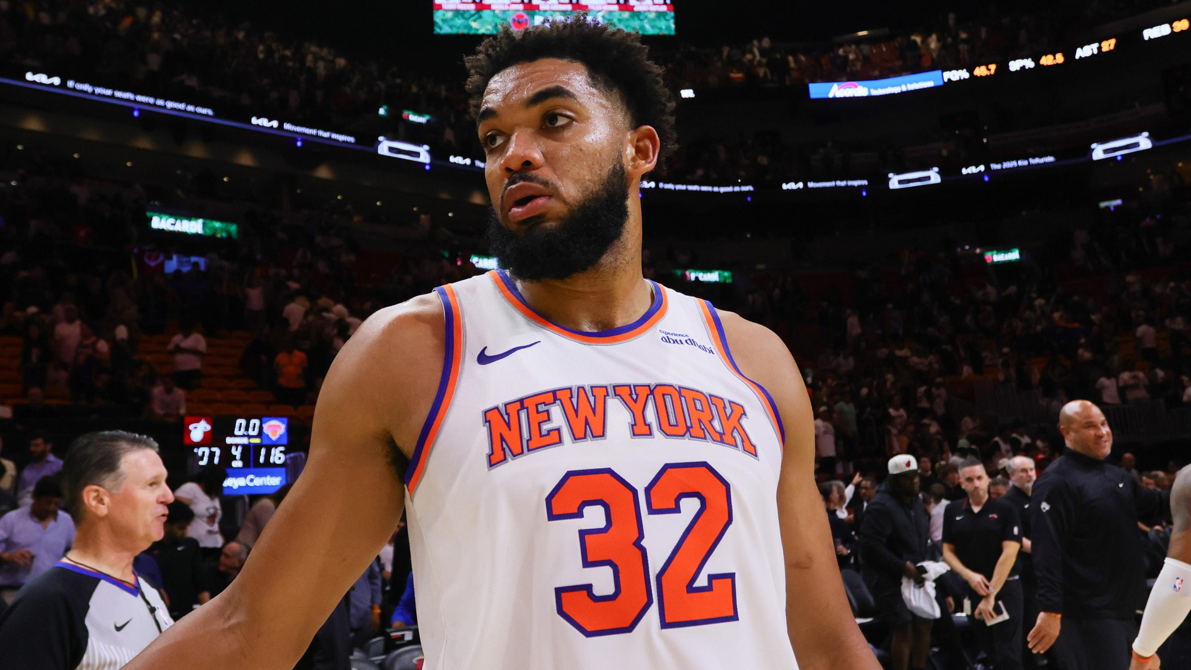 Oct 30, 2024; Miami, Florida, USA; New York Knicks center Karl-Anthony Towns (32) celebrates after the game against the Miami Heat at Kaseya Center. Mandatory Credit: Sam Navarro-Imagn Images