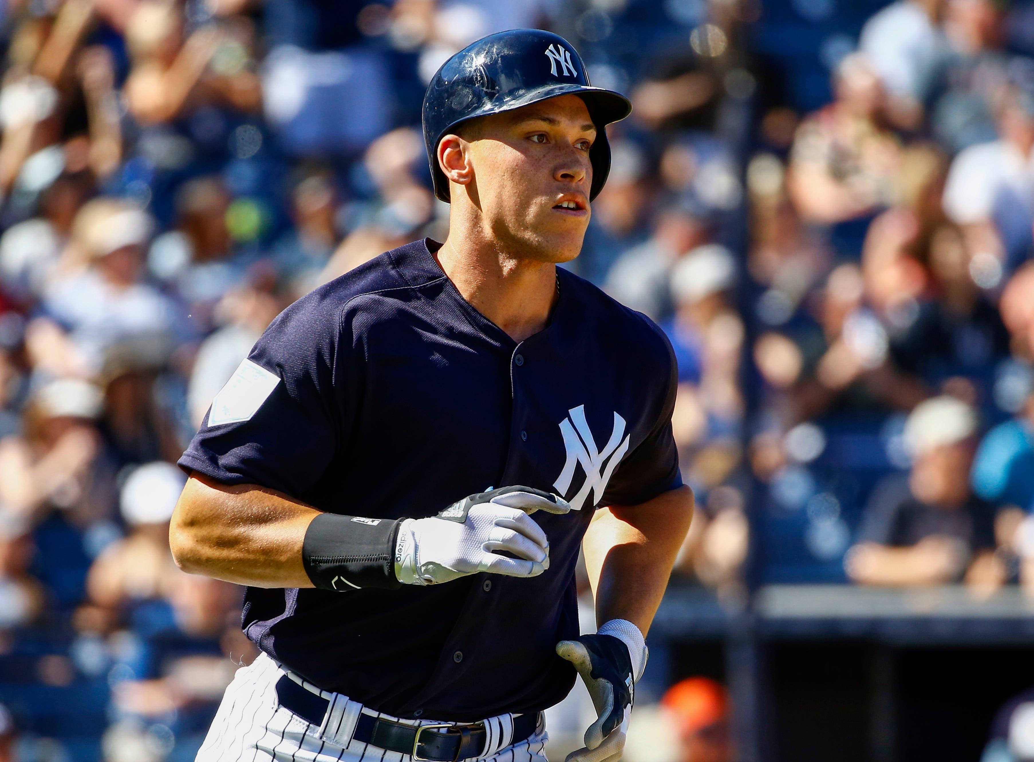 Mar 3, 2019; Tampa, FL, USA; New York Yankees right fielder Aaron Judge (99) runs the bases after hitting a two run home run during the fifth inning against the Detroit Tigers at George M. Steinbrenner Field. Mandatory Credit: Butch Dill-USA TODAY Sports / Butch Dill