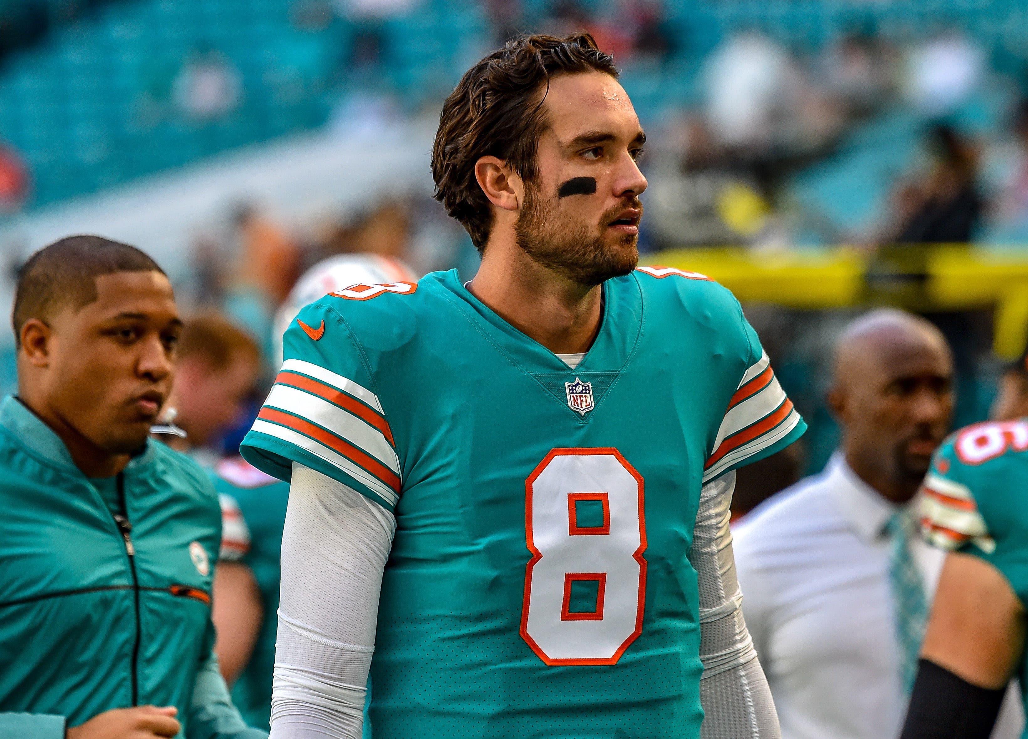 Dec 23, 2018; Miami Gardens, FL, USA; Miami Dolphins quarterback Brock Osweiler (8) before a game against the Jacksonville Jaguars at Hard Rock Stadium. Mandatory Credit: Steve Mitchell-USA TODAY Sports / Steve Mitchell