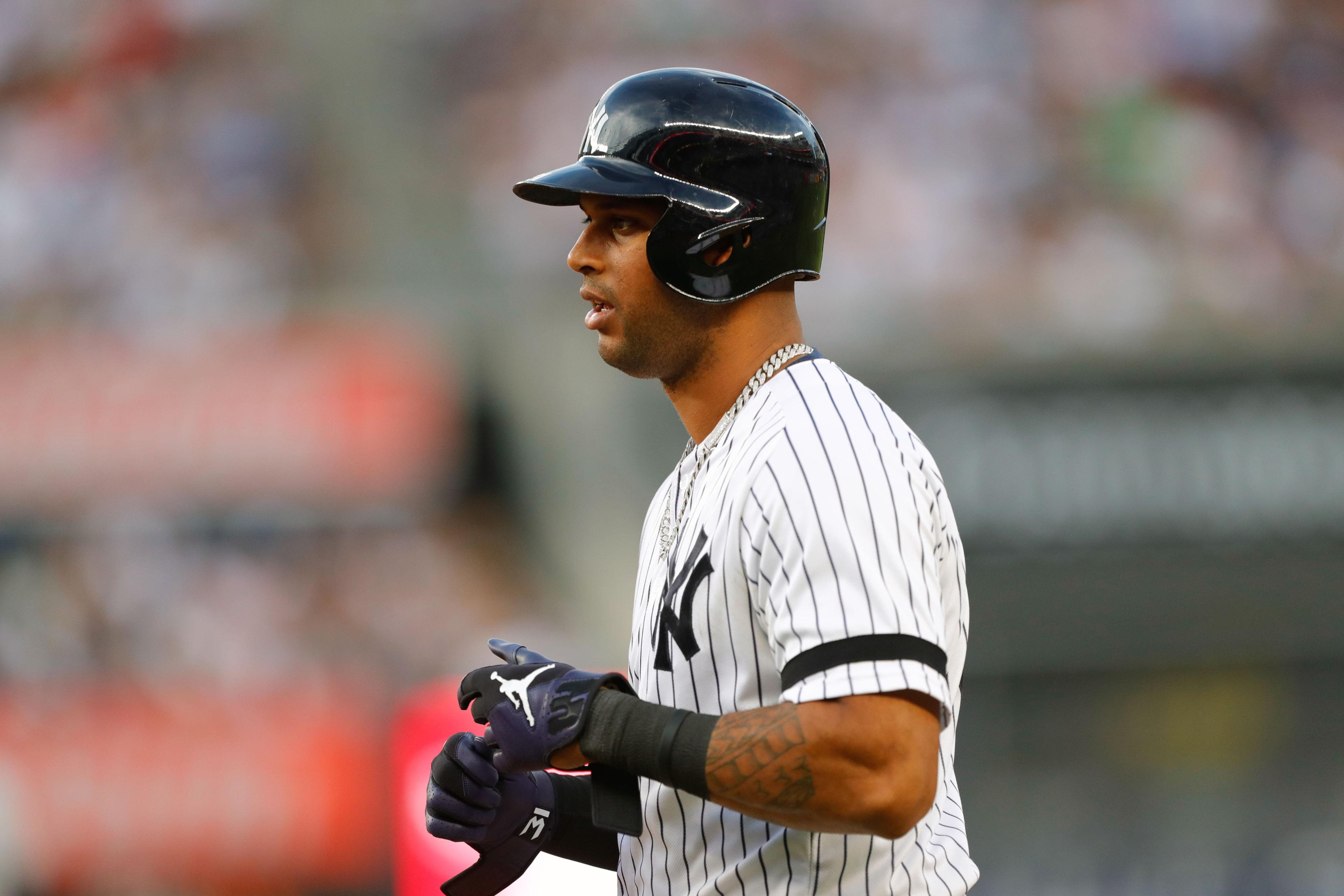 Jul 15, 2019; Bronx, NY, USA; New York Yankees center fielder Aaron Hicks (31) at first base during game against the Tampa Bay Rays at Yankee Stadium. Mandatory Credit: Noah K. Murray-USA TODAY Sports / Noah K. Murray