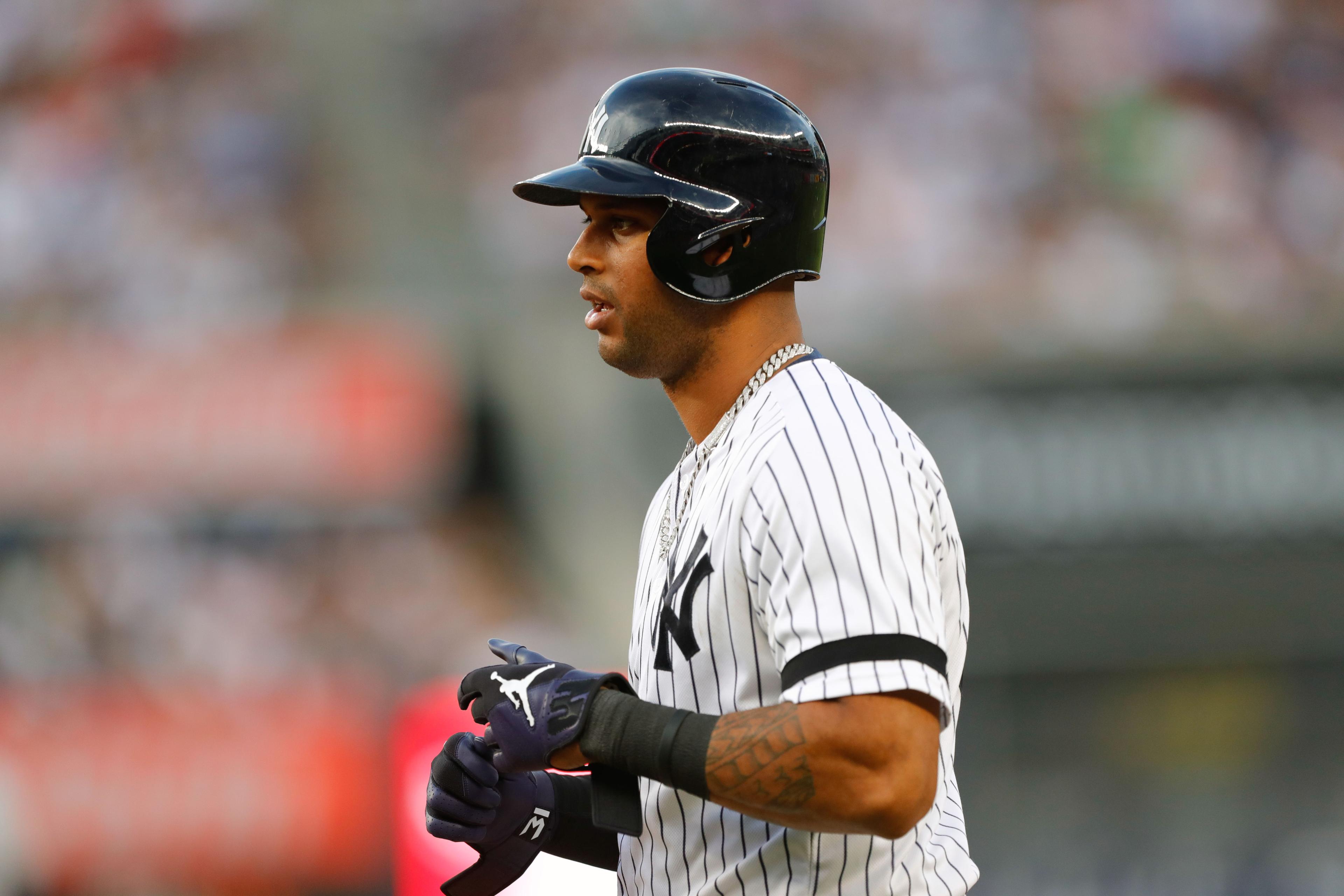 Jul 15, 2019; Bronx, NY, USA; New York Yankees center fielder Aaron Hicks (31) at first base during game against the Tampa Bay Rays at Yankee Stadium. Mandatory Credit: Noah K. Murray-USA TODAY Sports