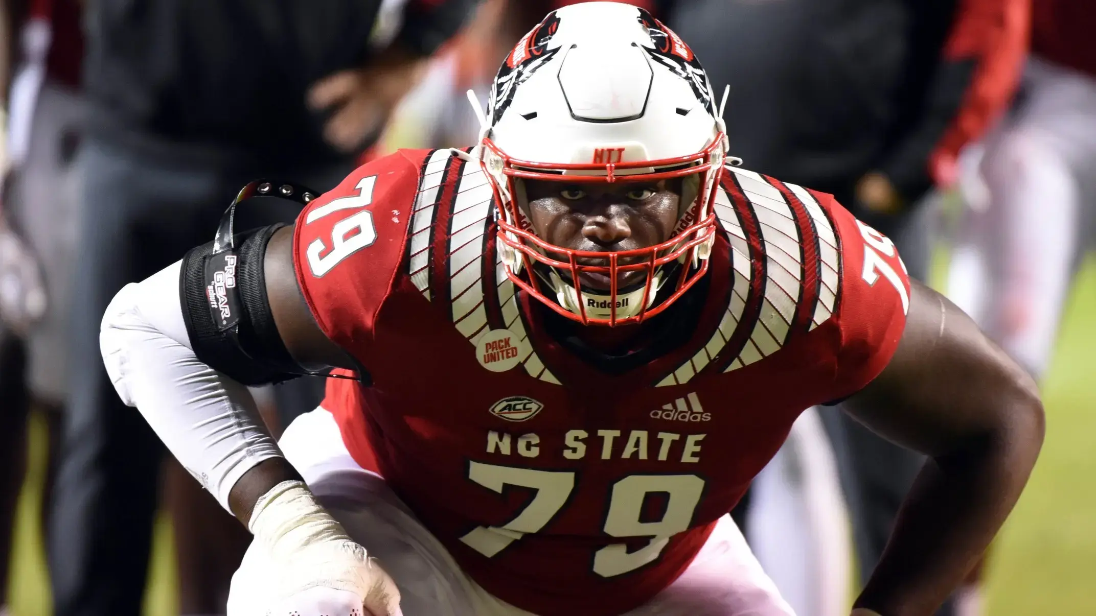 Oct 30, 2021; Raleigh, North Carolina, USA; North Carolina State Wolfpack tackle Ikem Ekwonu (79) warms up prior to a game against the Louisville Cardinals at Carter-Finley Stadium. / Rob Kinnan-USA TODAY Sports