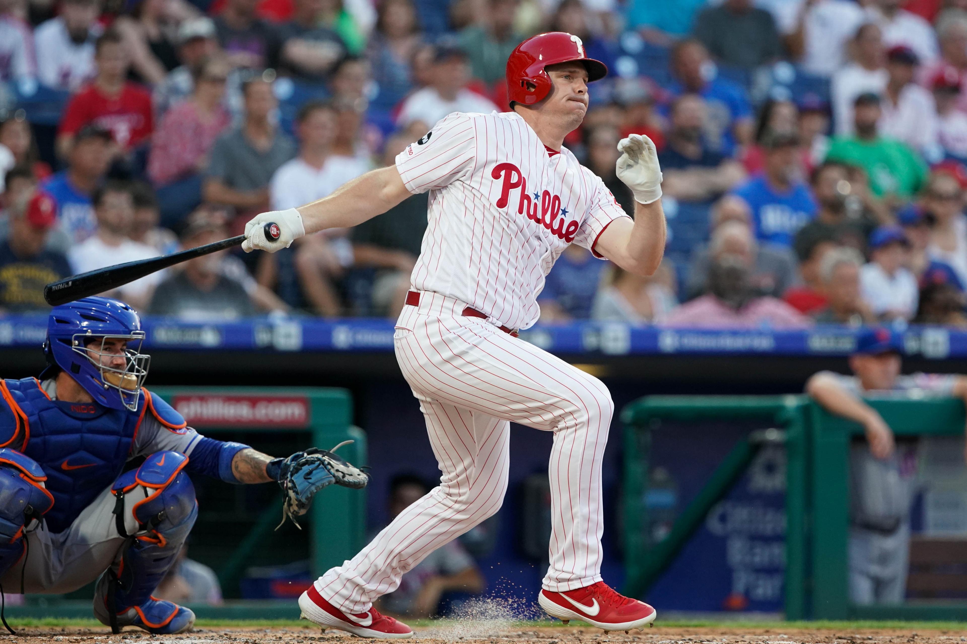 Jun 26, 2019; Philadelphia, PA, USA; Philadelphia Phillies right fielder Jay Bruce (23) hits a double during the second inning against the New York Mets at Citizens Bank Park. Mandatory Credit: Bill Streicher-USA TODAY Sports / Bill Streicher