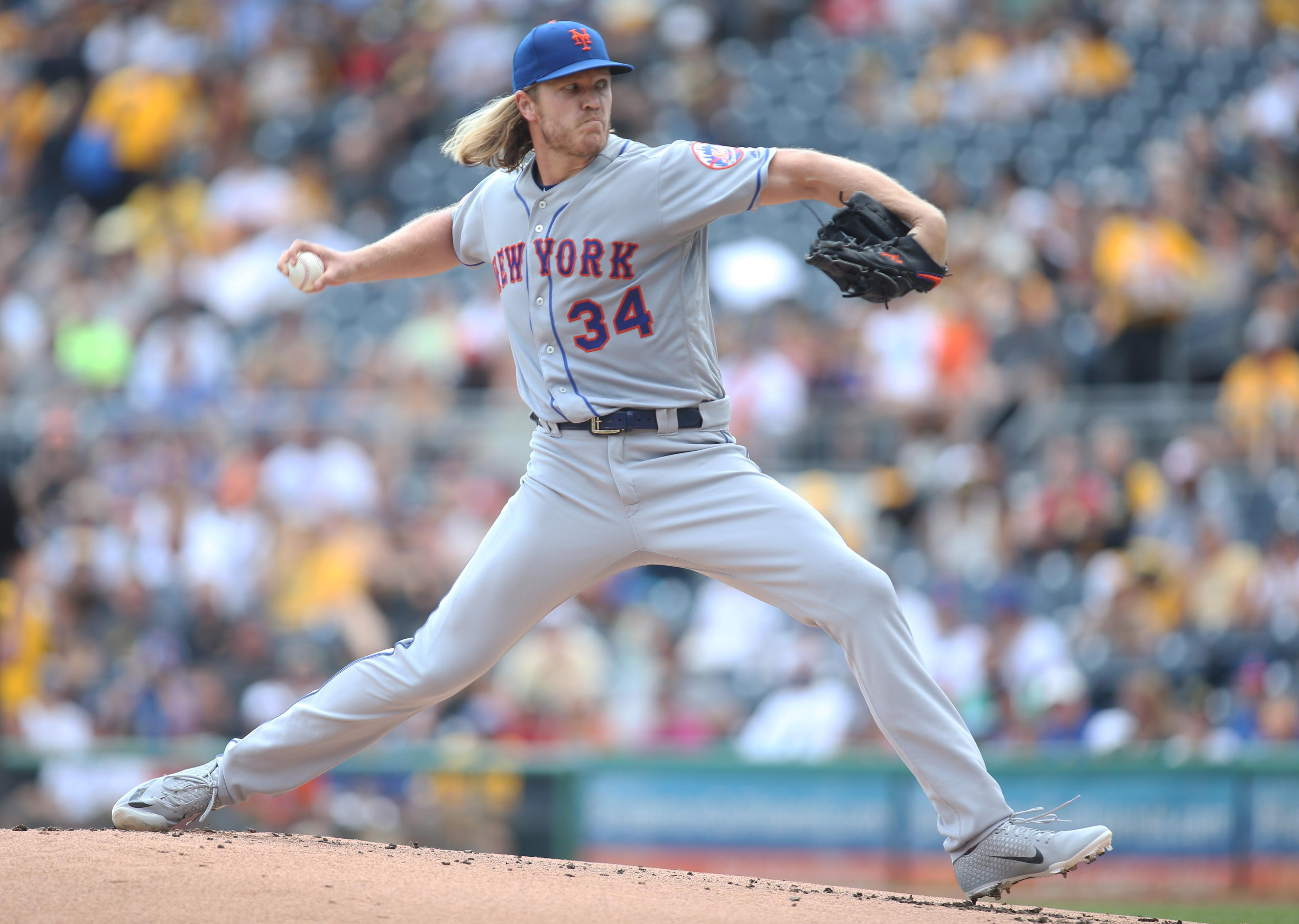 Aug 4, 2019; Pittsburgh, PA, USA; New York Mets starting pitcher Noah Syndergaard (34) delivers a pitch against the Pittsburgh Pirates during the first inning at PNC Park. Mandatory Credit: Charles LeClaire-USA TODAY Sports