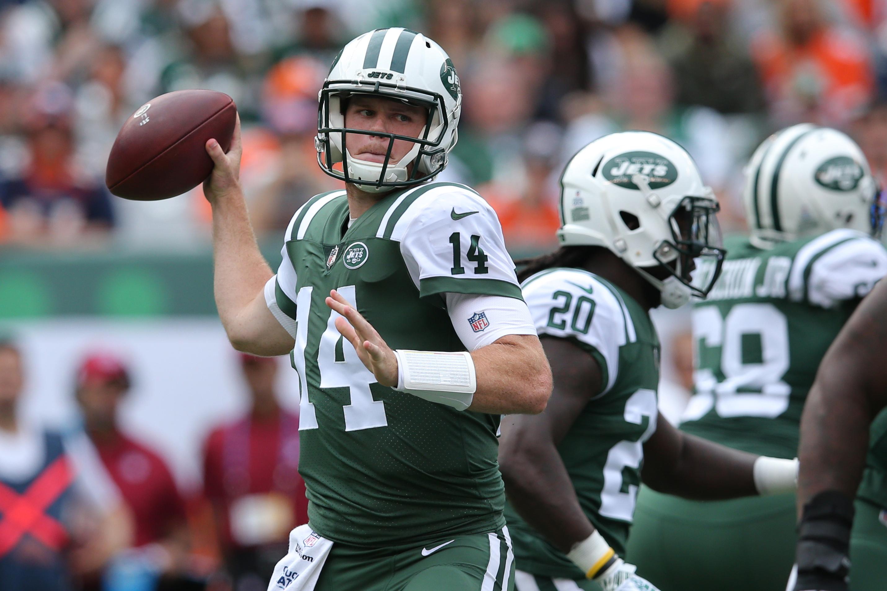 Oct 7, 2018; East Rutherford, NJ, USA; New York Jets quarterback Sam Darnold (14) throws a pass against the Denver Broncos during the first quarter at MetLife Stadium. Mandatory Credit: Brad Penner-USA TODAY Sports