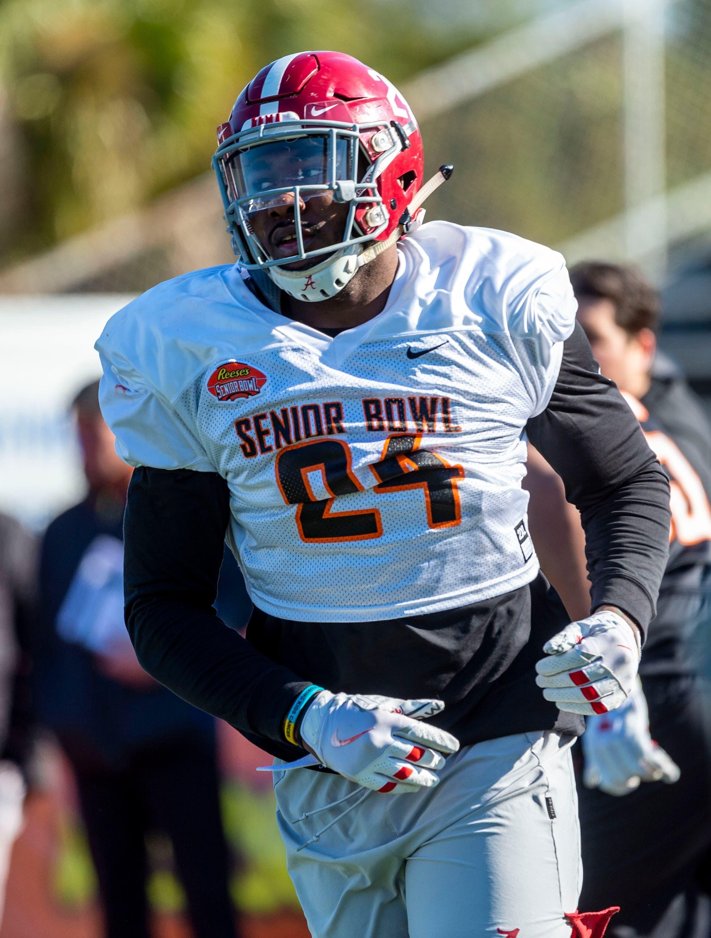 Jan 21, 2020; Mobile, Alabama, USA; South defensive lineman Terrell Lewis of Alabama (24) reacts during Senior Bowl practice at Ladd-Peebles Stadium. Mandatory Credit: Vasha Hunt-USA TODAY Sports / Vasha Hunt