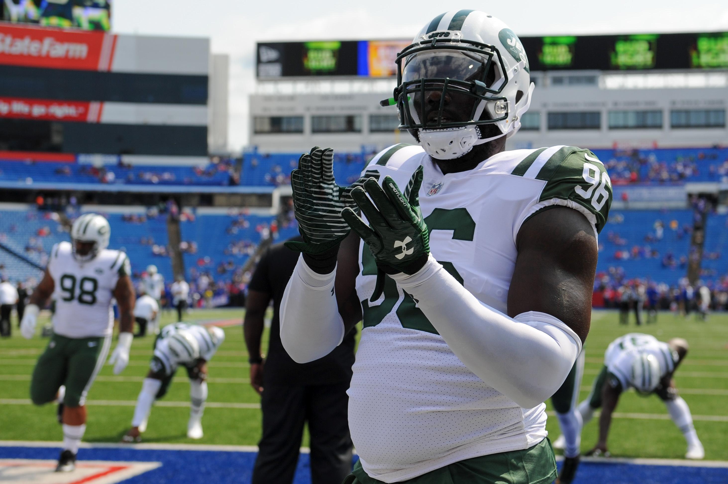 New York Jets defensive end Muhammad Wilkerson looks to the fans prior to the game against the Buffalo Bills at New Era Field.