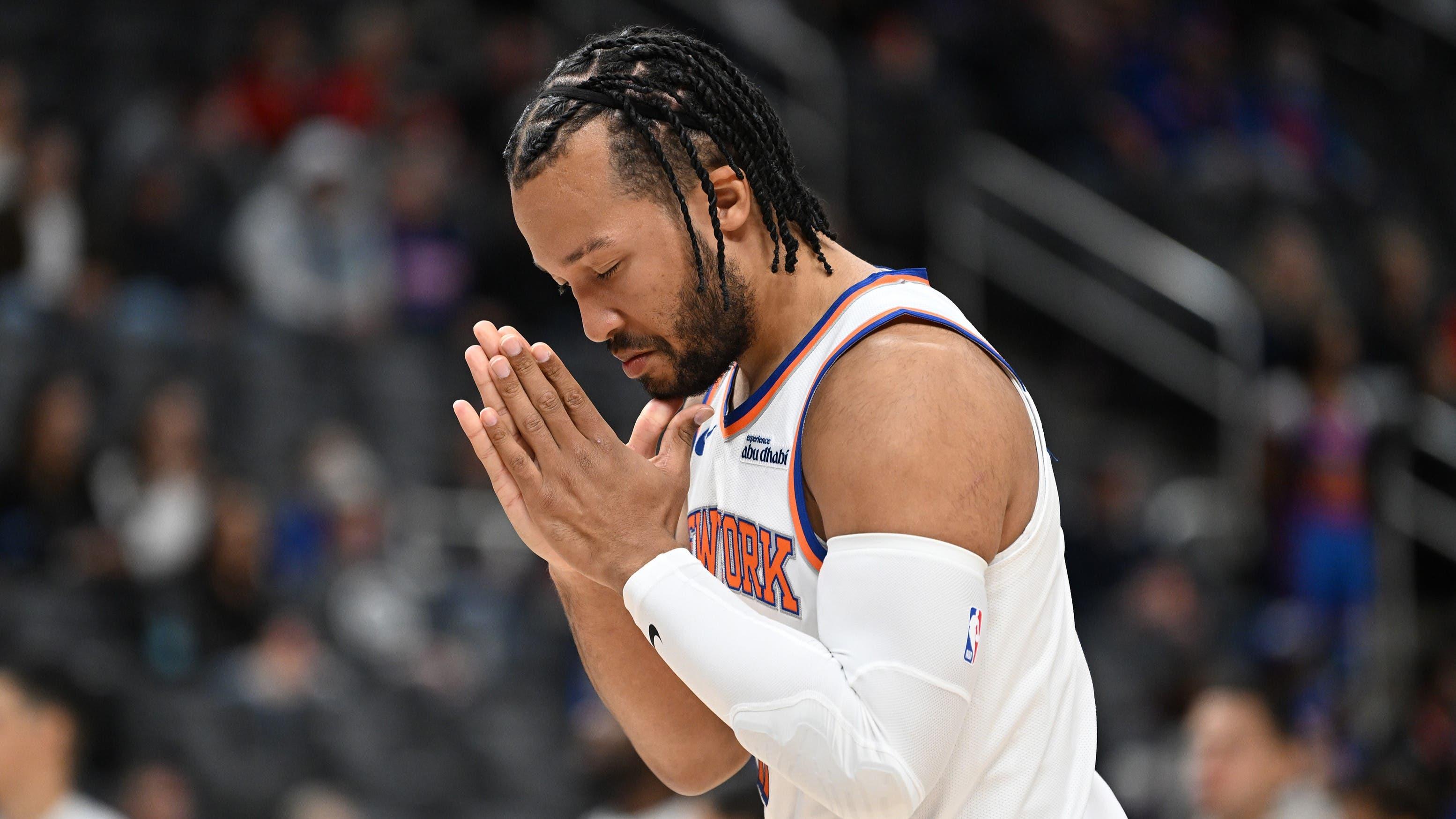 Nov 1, 2024; Detroit, Michigan, USA; New York Knicks guard Jalen Brunson (11) gets mentally prepared before the start of their game against the Detroit Pistons at Little Caesars Arena. Mandatory Credit: Lon Horwedel-Imagn Images