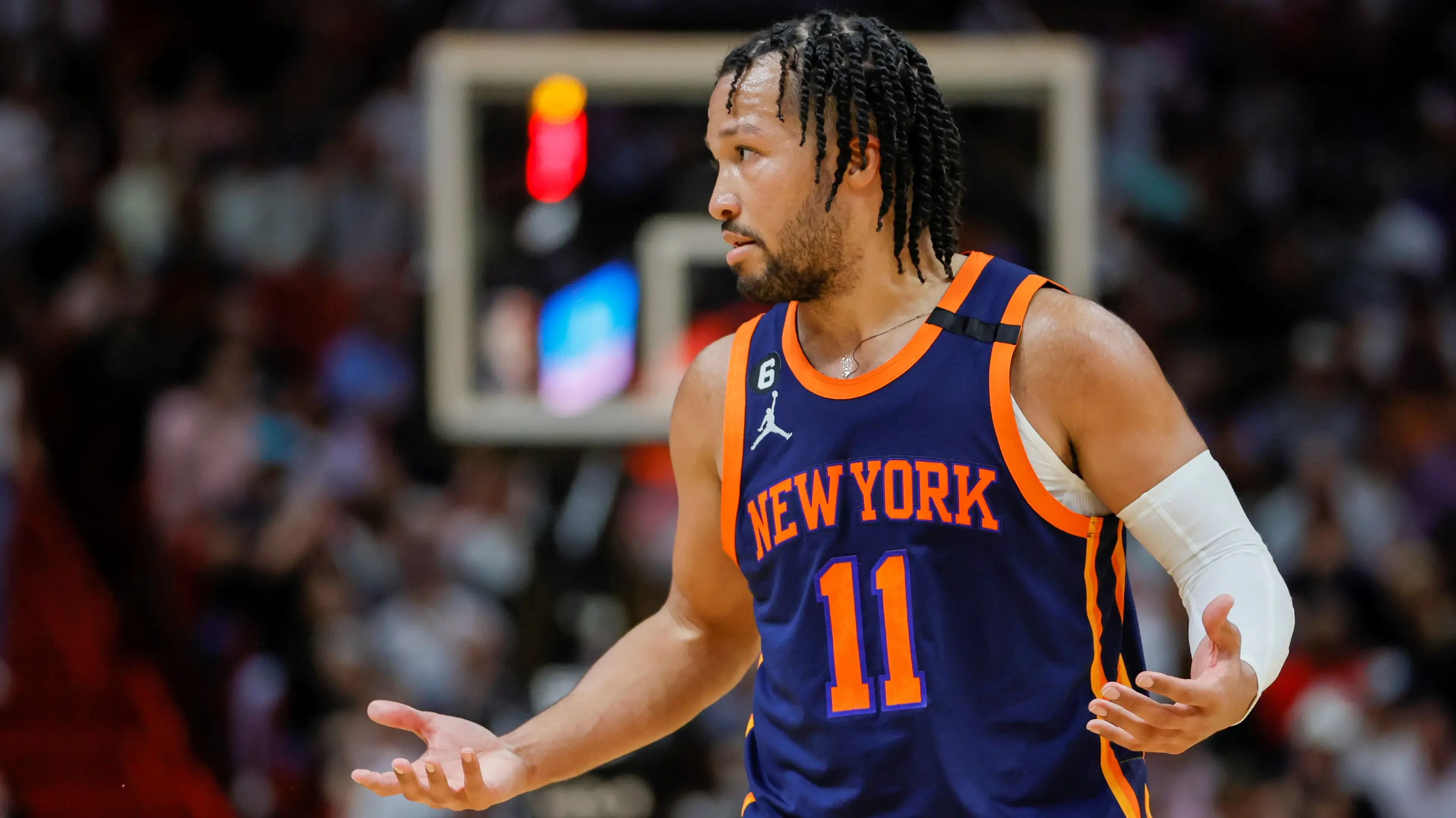 Mar 22, 2023; Miami, Florida, USA; New York Knicks guard Jalen Brunson (11) reacts during the third quarter against the Miami Heat at Miami-Dade Arena. Mandatory Credit: Sam Navarro-USA TODAY Sports / © Sam Navarro-USA TODAY Sports