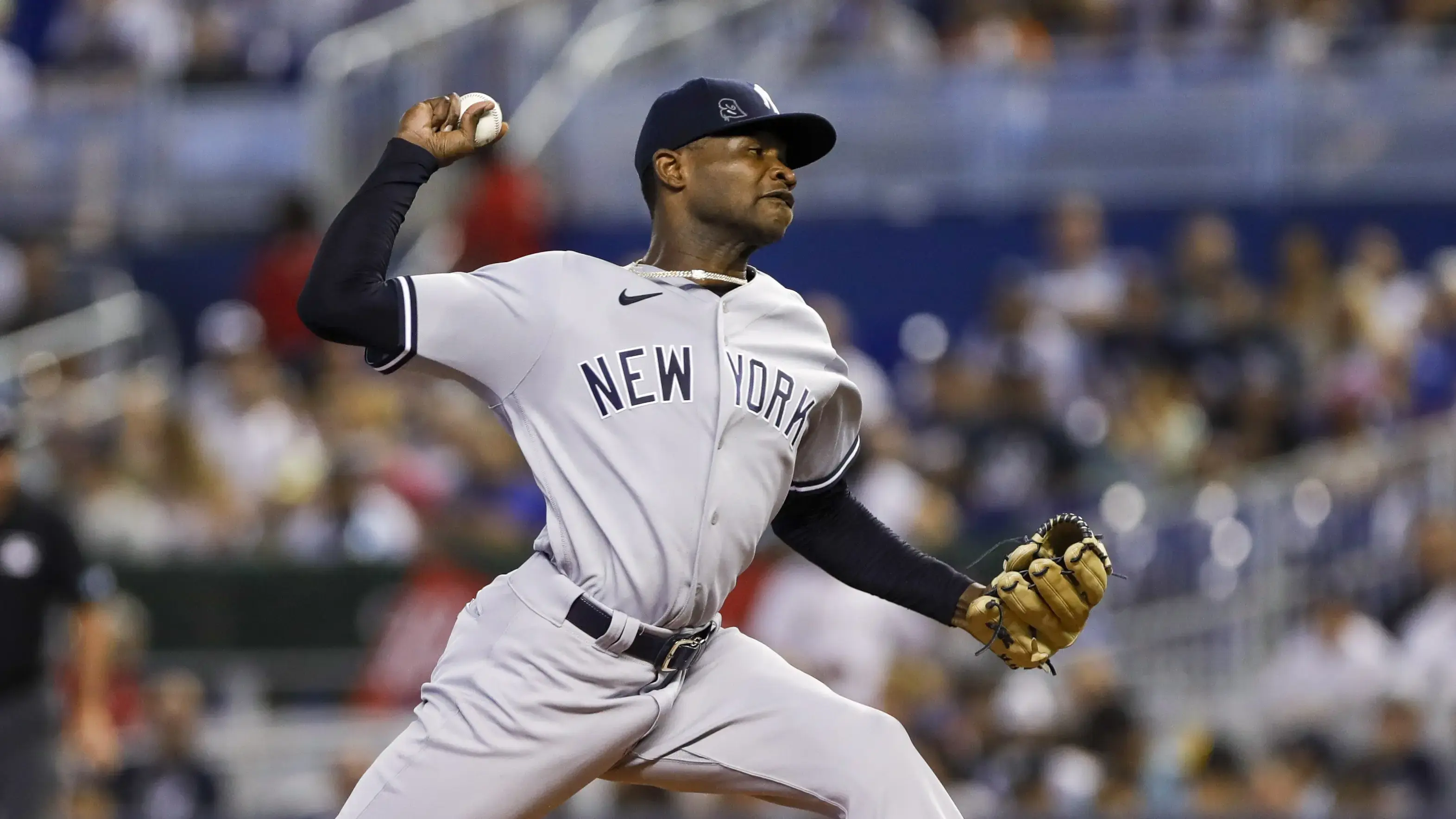 Jul 31, 2021; Miami, Florida, USA; New York Yankees starting pitcher Domingo German (55) delivers pitch during the first inning against the Miami Marlins at loanDepot Park. Mandatory Credit: Sam Navarro-USA TODAY Sports / © Sam Navarro-USA TODAY Sports