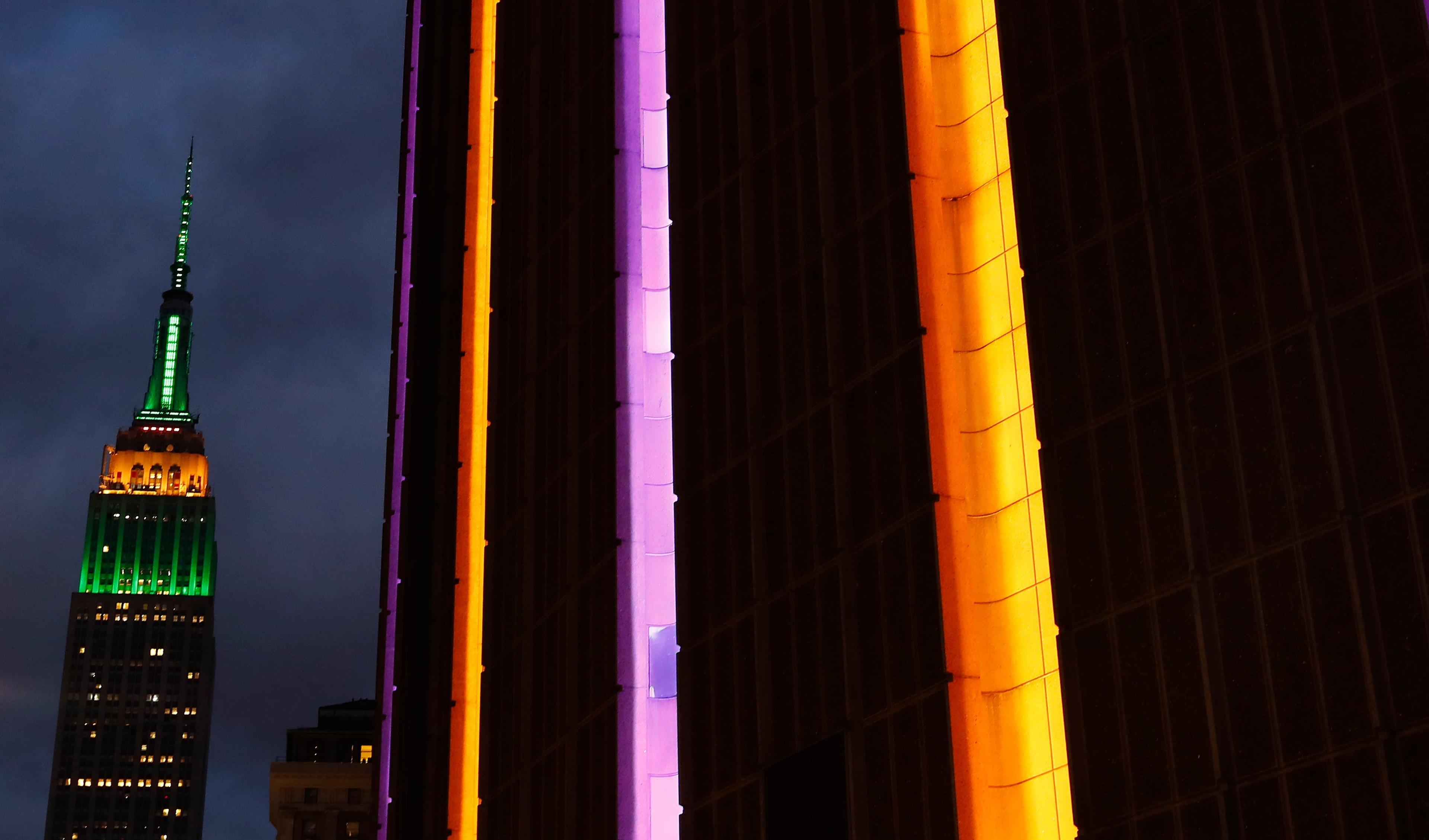 Jan 26, 2020; New York, New York, USA; The exterior of Madison Square Garden is lit up in purple and gold, the colors of the Los Angeles Lakers, in memory of basketball star Kobe Bryant, who died in a helicopter crash today in Los Angeles, California. Mandatory Credit: Noah K. Murray-USA TODAY Sports / Noah K. Murray