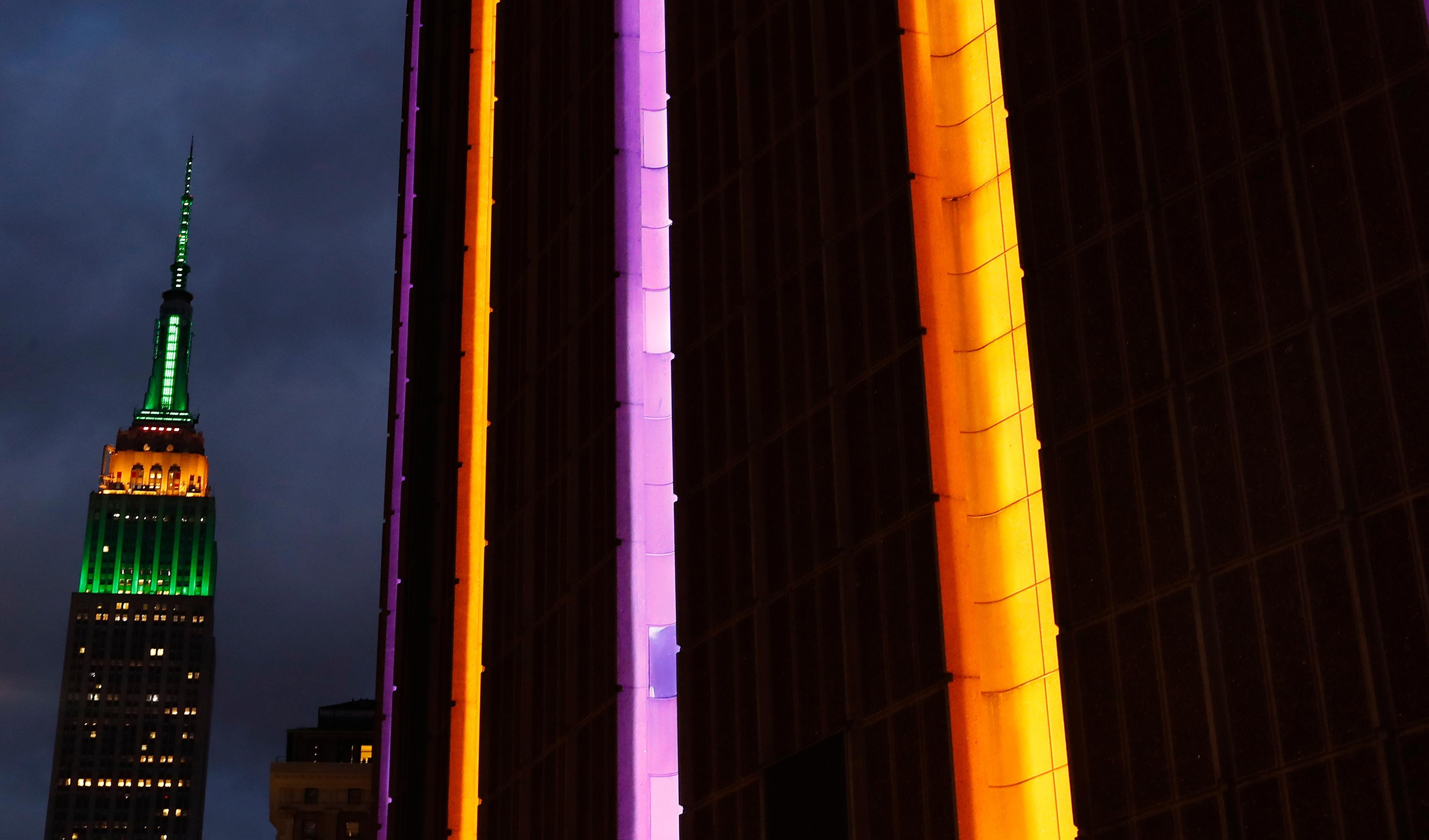 Jan 26, 2020; New York, New York, USA; The exterior of Madison Square Garden is lit up in purple and gold, the colors of the Los Angeles Lakers, in memory of basketball star Kobe Bryant, who died in a helicopter crash today in Los Angeles, California. Mandatory Credit: Noah K. Murray-USA TODAY Sports