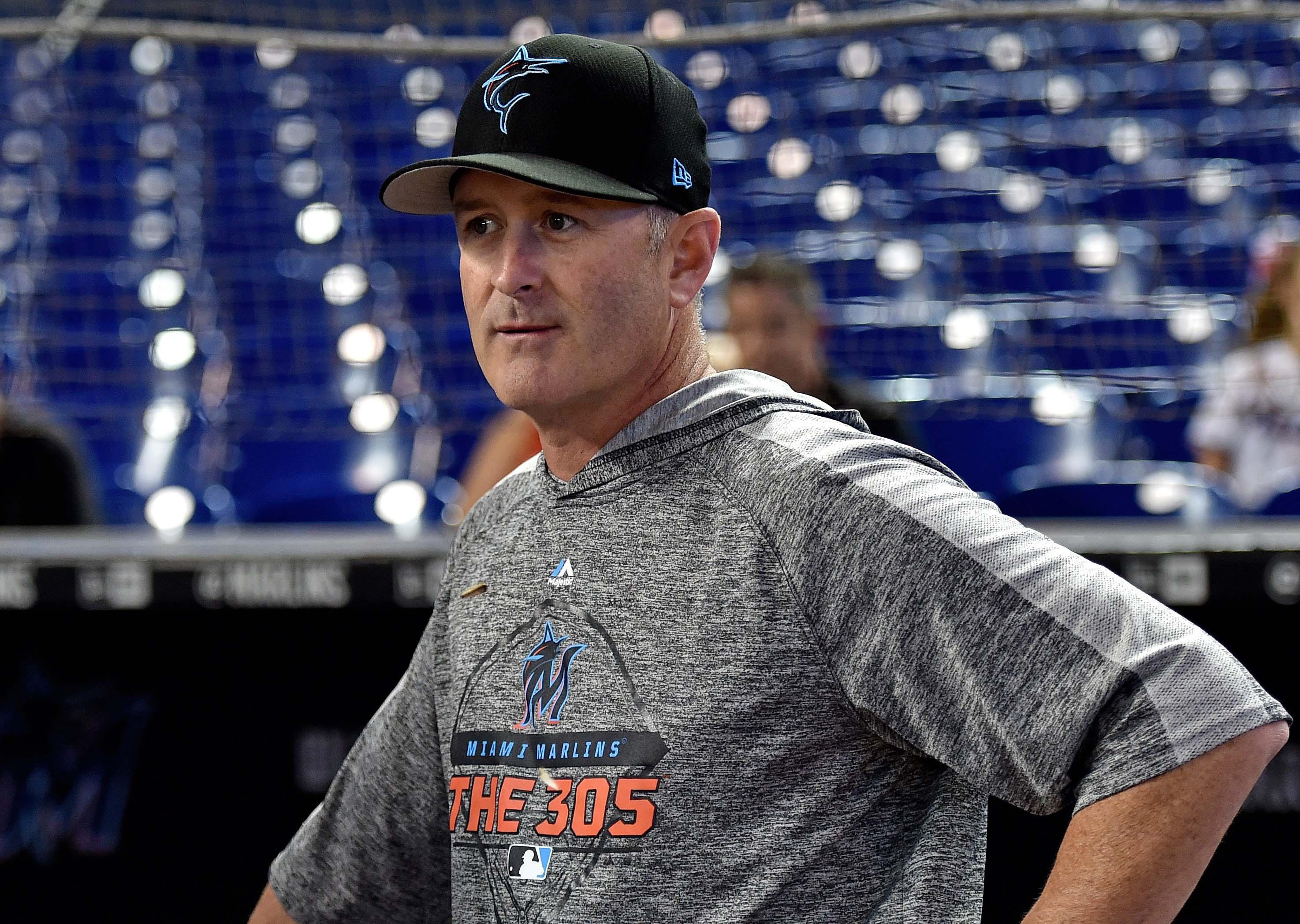 Aug 24, 2019; Miami, FL, USA; Miami Marlins catching coach Brian Schneider (23) looks on prior to a game against the Philadelphia Phillies during an MLB Players' Weekend game at Marlins Park. Mandatory Credit: Steve Mitchell-USA TODAY Sports / Steve Mitchell