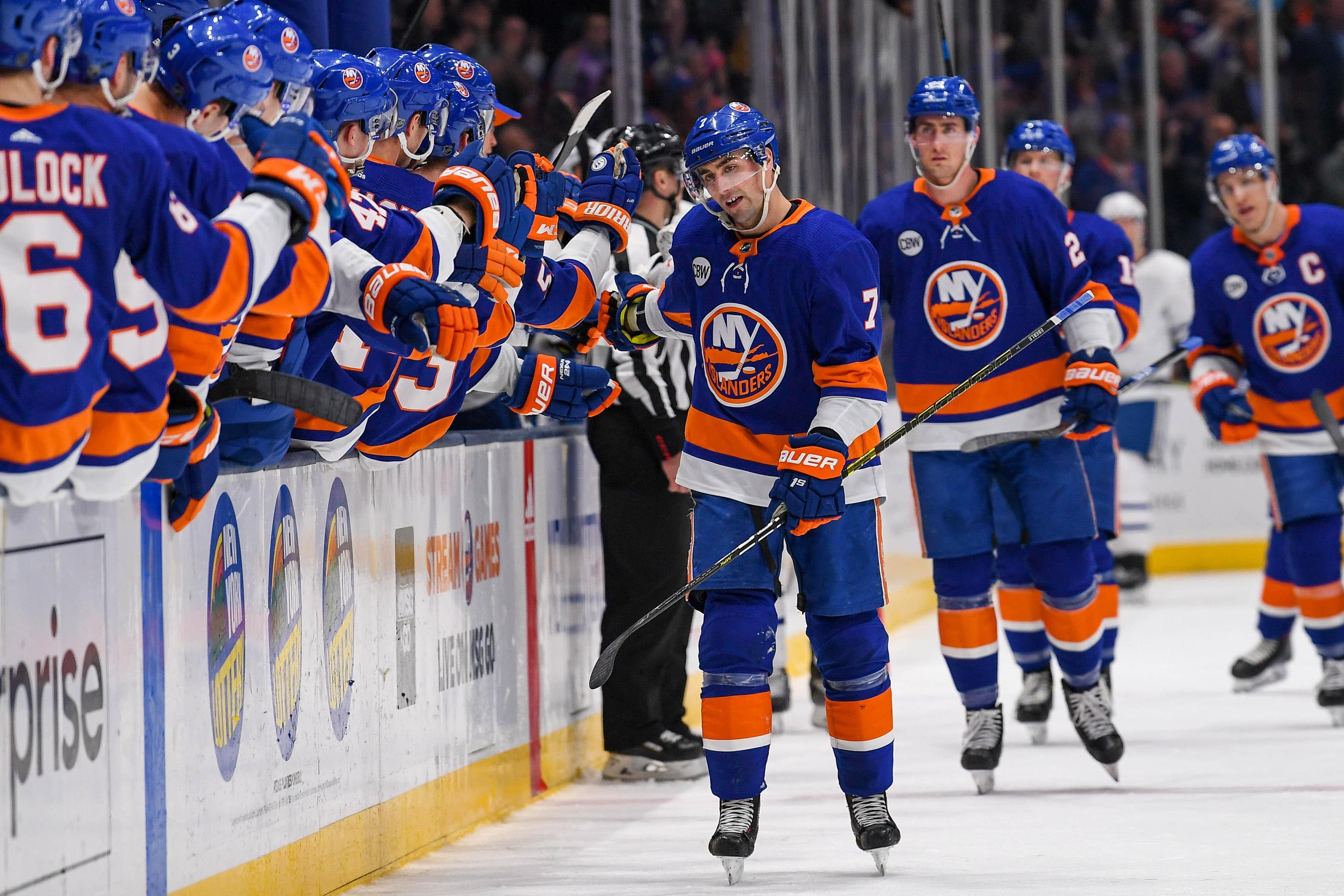 Apr 1, 2019; Uniondale, NY, USA; New York Islanders celebrates the goal by New York Islanders right wing Jordan Eberle (7) against the Toronto Maple Leafs during the third period at Nassau Veterans Memorial Coliseum. Mandatory Credit: Dennis Schneidler-USA TODAY Sports / Dennis Schneidler