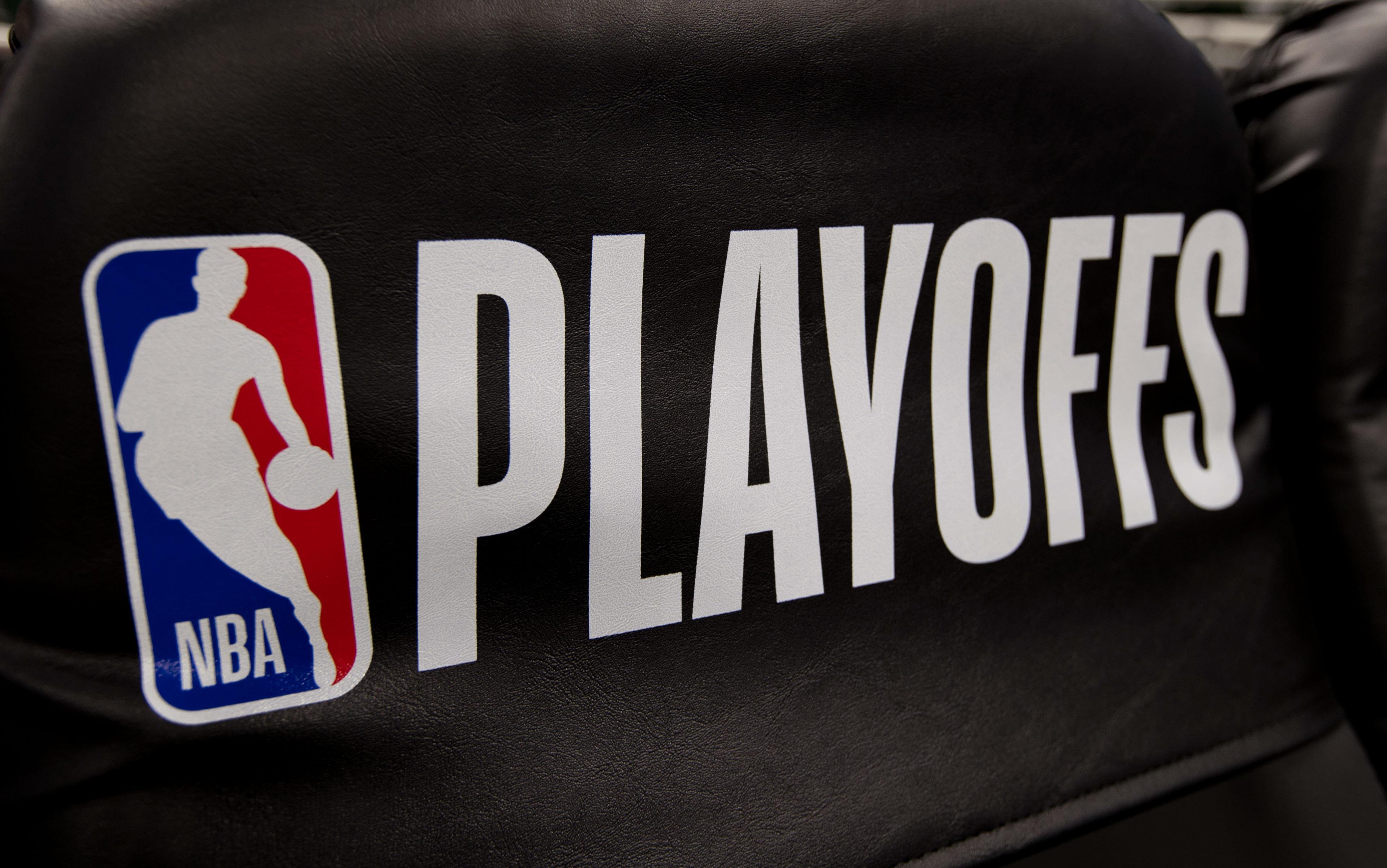 May 8, 2019; Milwaukee, WI, USA; NBA Playoffs logo on a Milwaukee Bucks bench seat prior to game five of the second round of the 2019 NBA Playoffs against the Boston Celtics at Fiserv Forum. Mandatory Credit: Jeff Hanisch-USA TODAY Sports / Jeff Hanisch